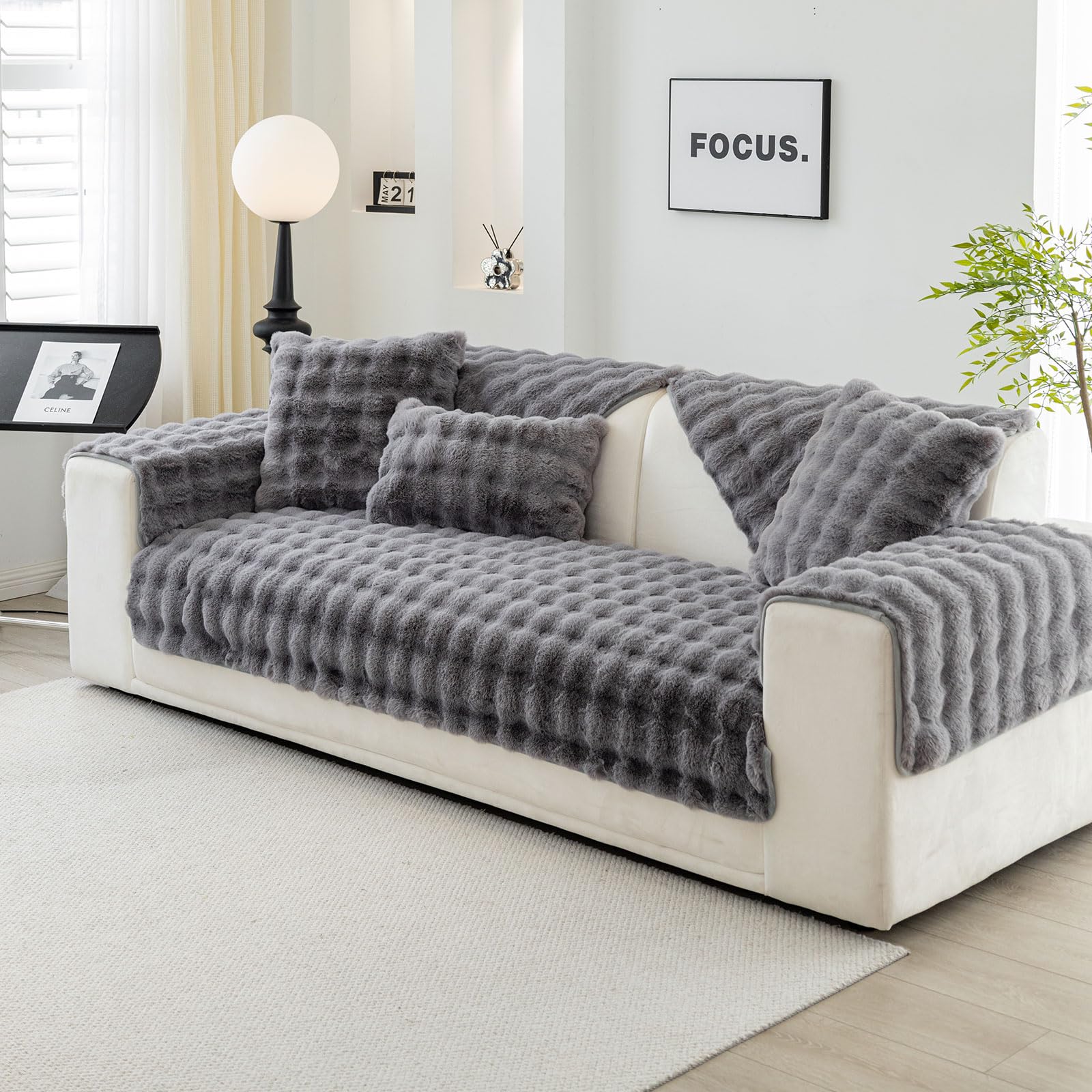 Topchances Soft Plush Sofa Cover - New Non-Slip Sofa Covers 1 2 3 Seater, Rabbit Faux Fur Couch Covers, Fluffy Couch Cover, Sofa Cover L Shape Furniture Protector for Living Room (Dark Grey, 70x180) — view 7