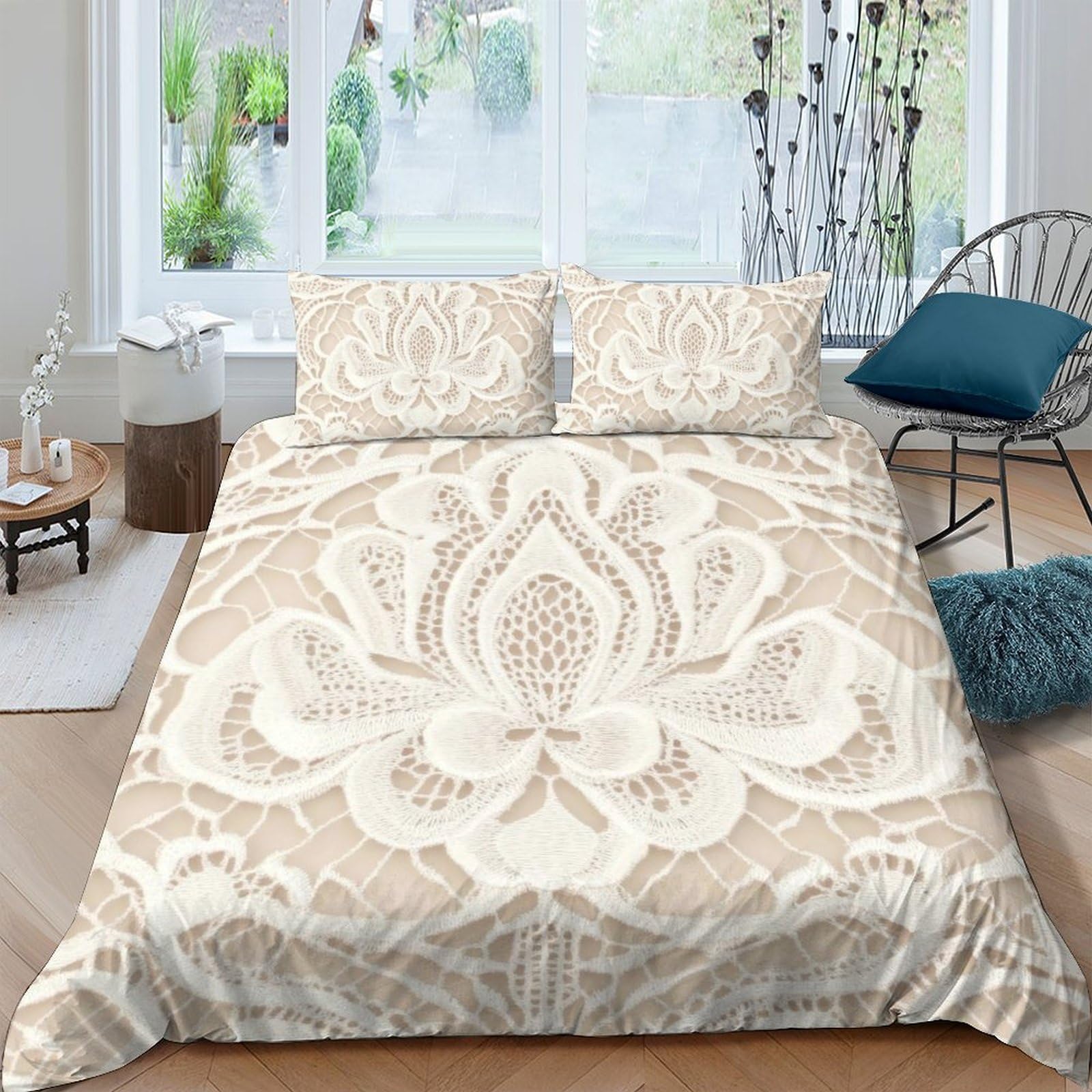 TUFRTGYHN 3D Printed Beige Damask Duvet Cover Microfiber Soft Breathable Floral Pattern Bedding Set with 2 Pillowcases for Bedroom Decor Single（135x200cm）