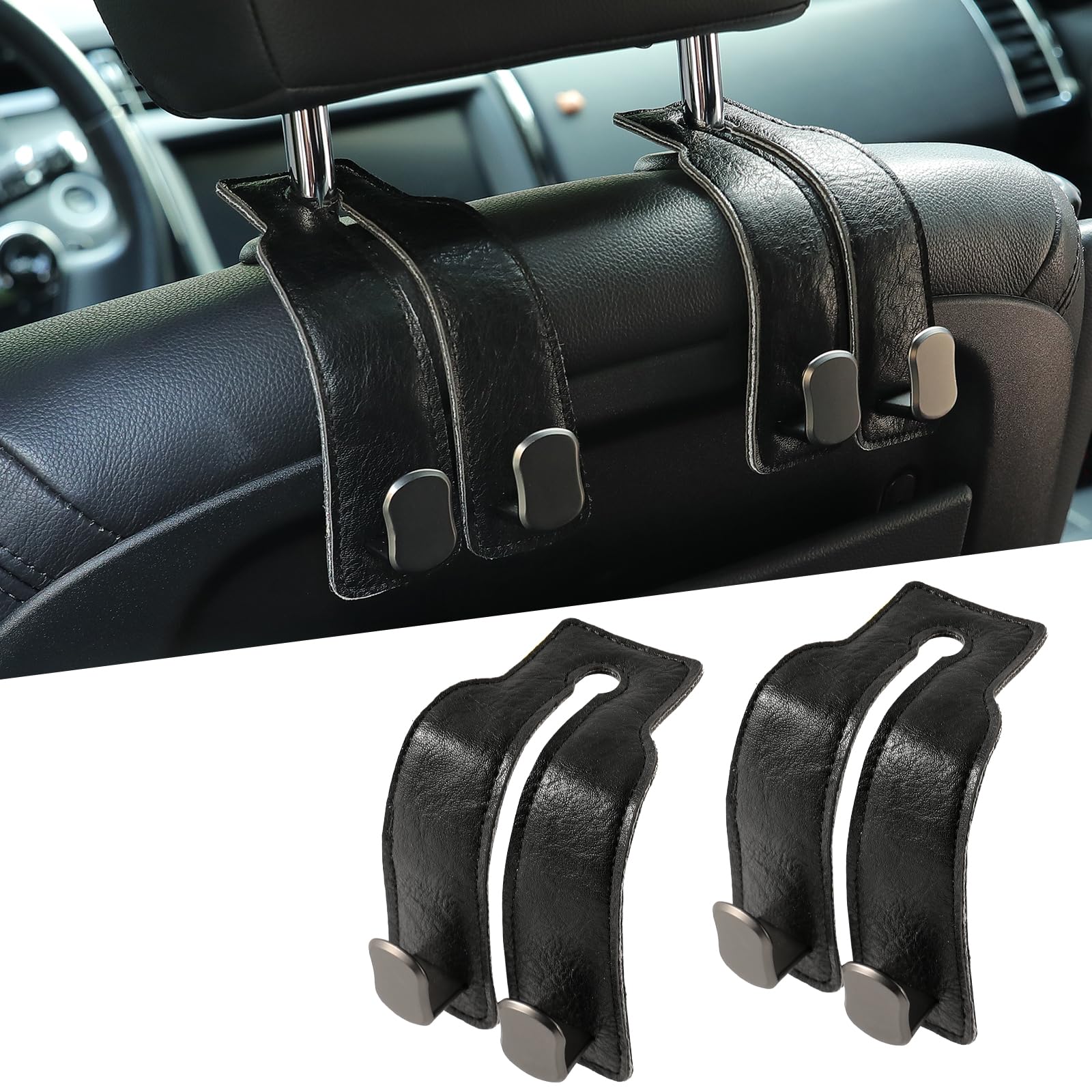 KINIVA Car Seat Headrest Storage Hooks, Set of 2, Suede PU Leather, Double Hooks (06-Black)