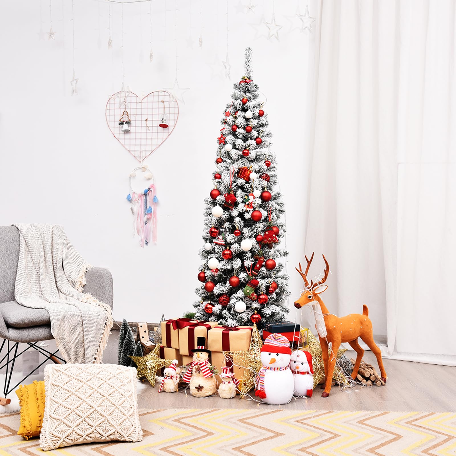 COSTWAY 180cm Árbol de Navidad Artificial Nevado, Agujas de PVC de 500 Puntas, Árbol de Navidad Slim/Estrecho, Soporte de Metal, y Decorativa Nieve para Hogar Oficina Fiesta (180 cm)