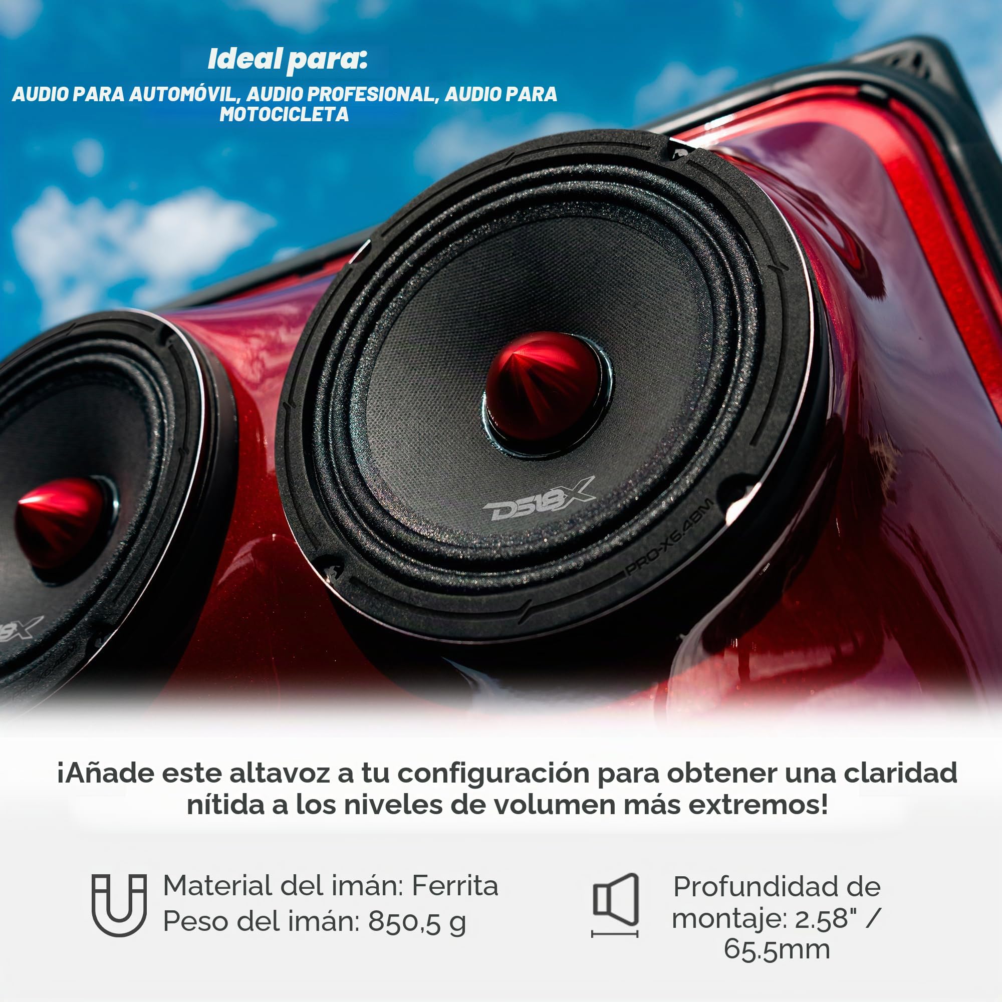 DS18 Pro-X6.4BM Altavoz de Rango Medio de 16,51 cm, Tipo Bala, 250 vatios RMS, Potencia máxima de 500 vatios, 4 ohmios, para construcciones de Audio Profesionales