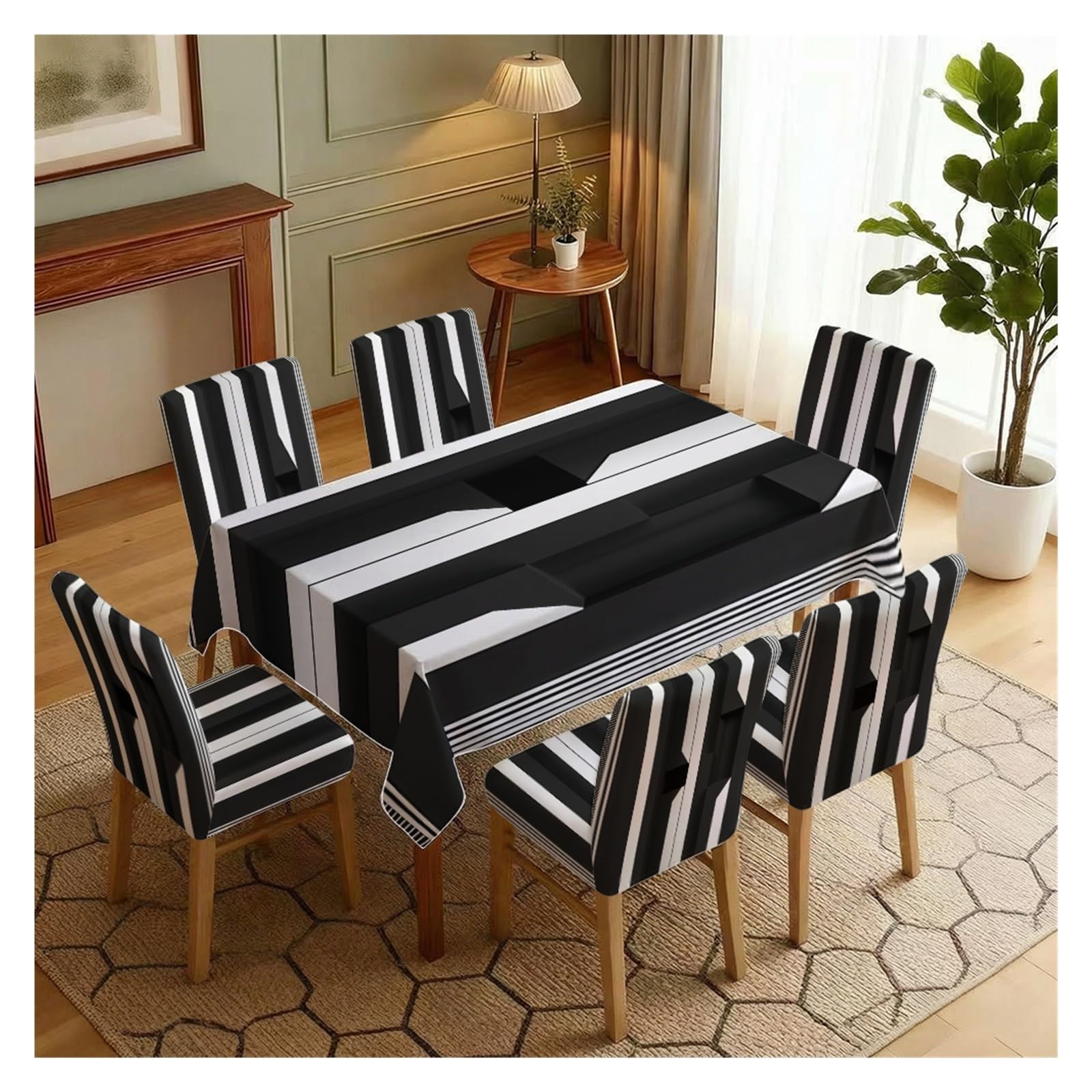 Nappe et housses de chaise déco moderne salle à manger imprimé géométrique