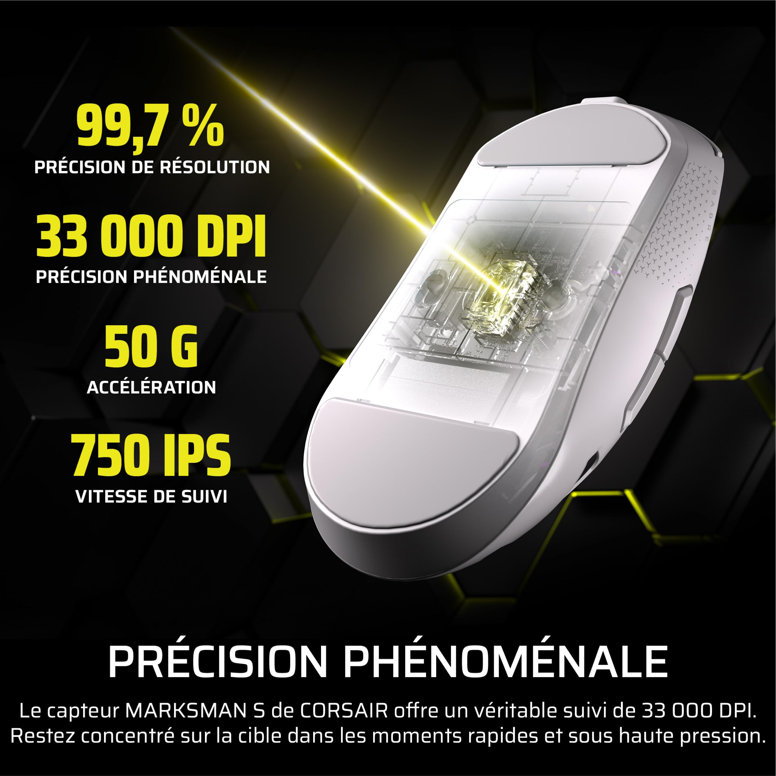 Corsair Sabre v2 Pro MG sans Fil Souris Gaming, 33 000 DPI – Blanc | D’Interrogation de 8 000 Hz, Coque en Alliage de Magnésium de 56 g, Jusqu'à 170 Heures D'autonomie de la Batterie, Web Hub