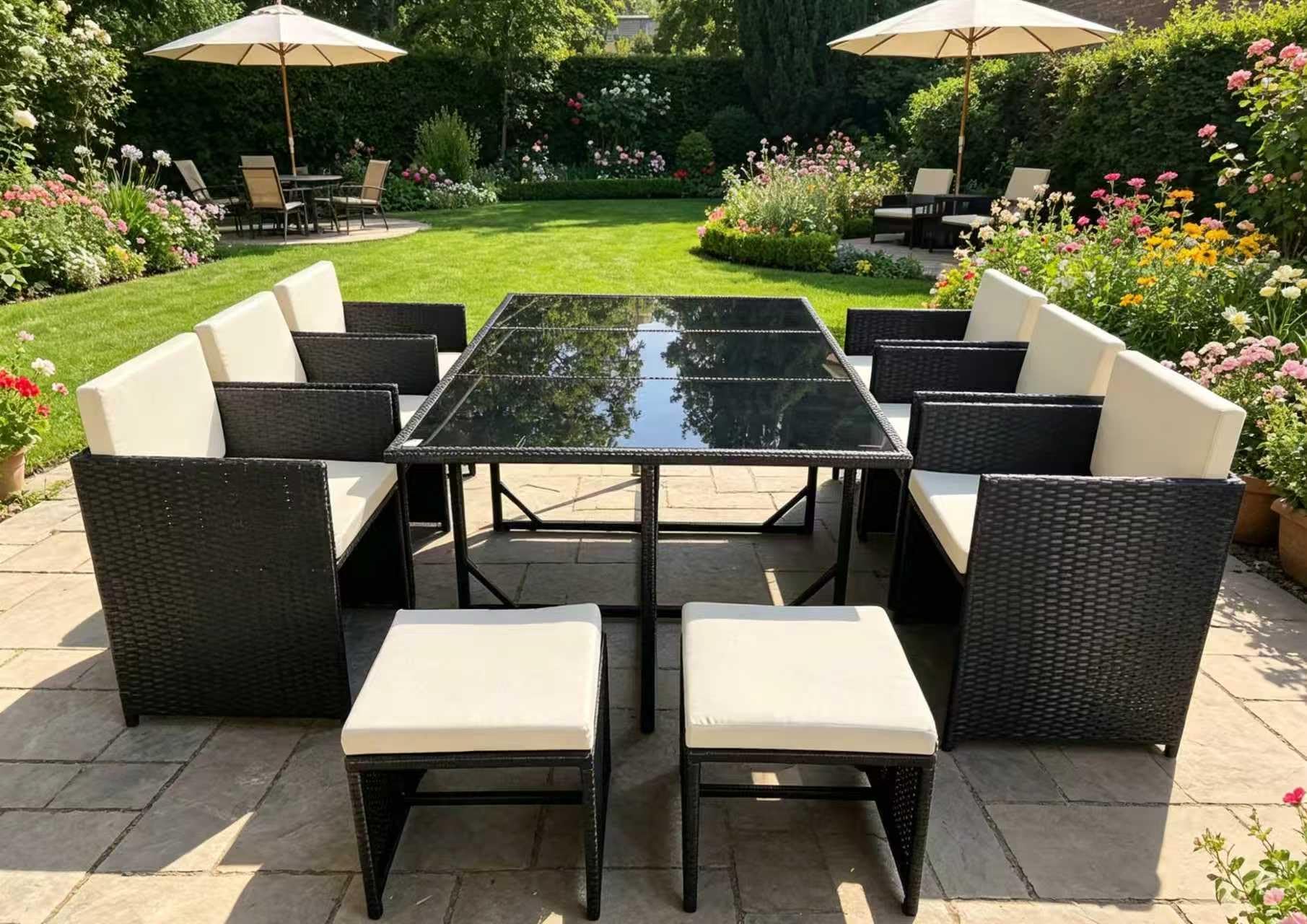 Générique Salon de Jardin Exterieur en Résine Tressée Poly Rotin Salon de Jardin Table 10 Personnes Fauteuil Exterieur Encastrable Noir et Beige
