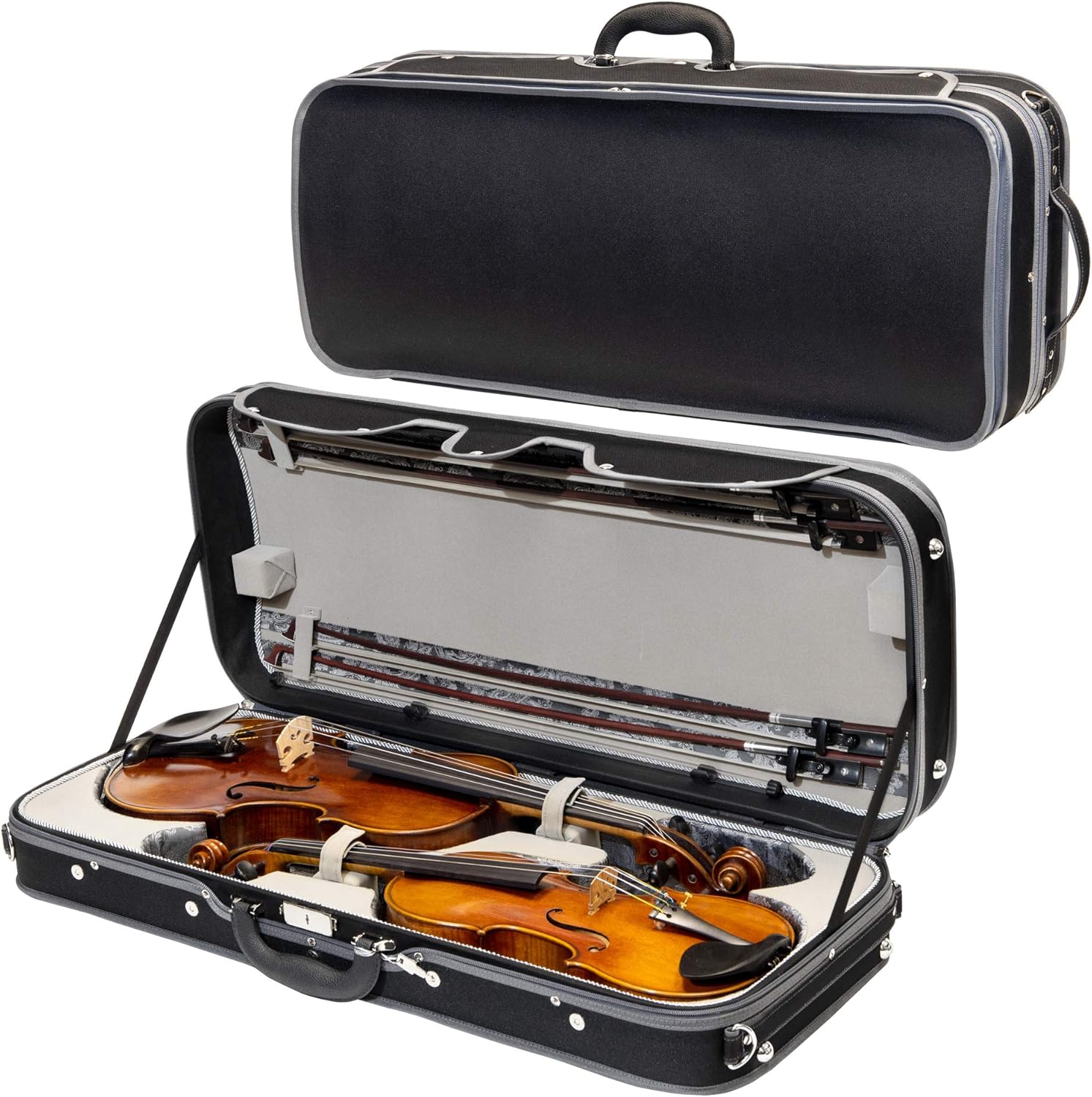 MI&VI NA-8001W Professional Double Violin & Viola Travel Case 4/4 (Full Size) Silk Interior | Hardwood Shell | Adjustable Straps | Fits One Full Size Violin & One 16"-16.5" Viola - MIVI Music