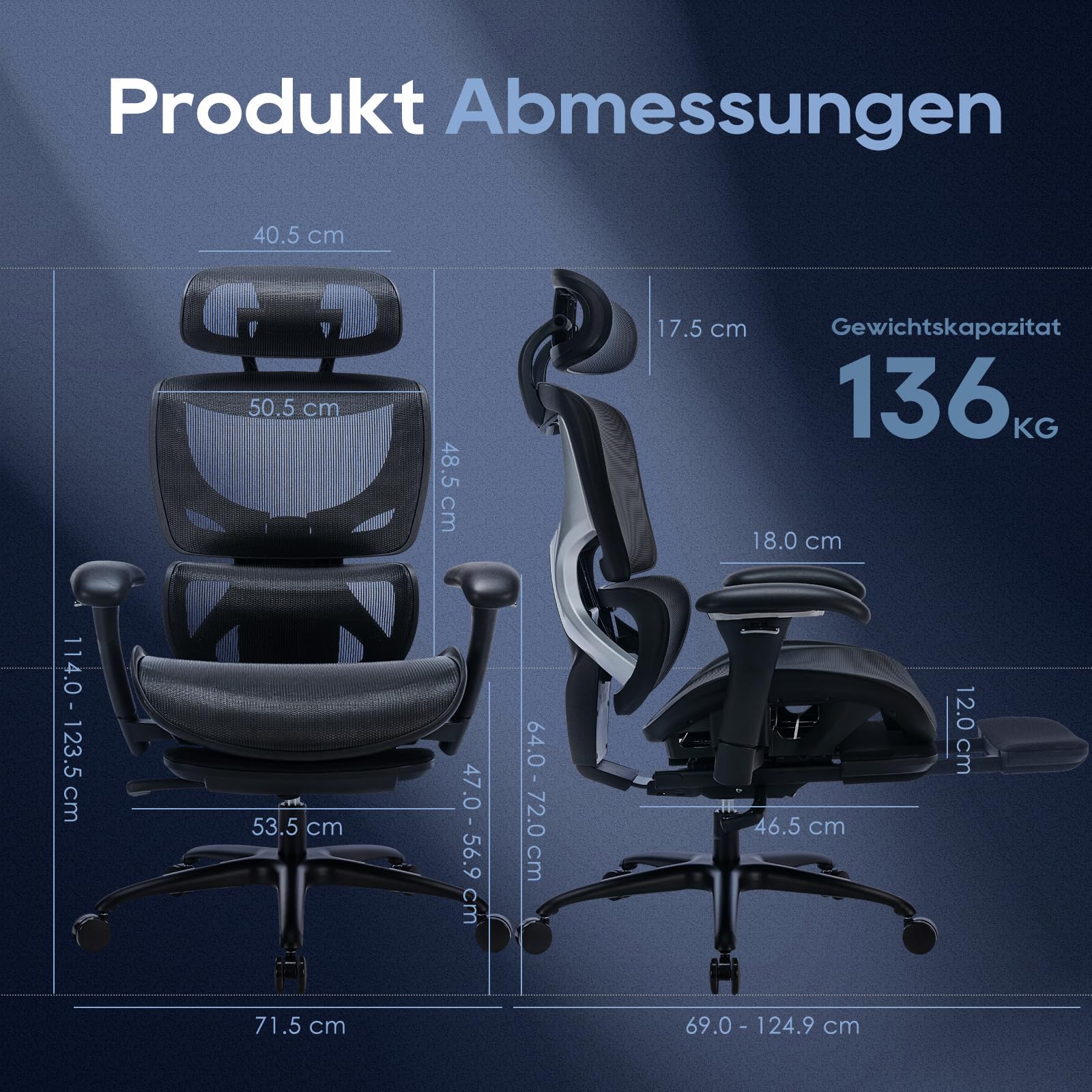 COLAMY Ergonomischer Bürostuhl mit Fußstütze – Chefsessel mit hoher Rückenlehne, Verstellbarer Kopfstütze & 3D-Armlehnen – Atmungsaktives Mesh, dynamische Lendenstütze, höhenverstellbar – Schwarz