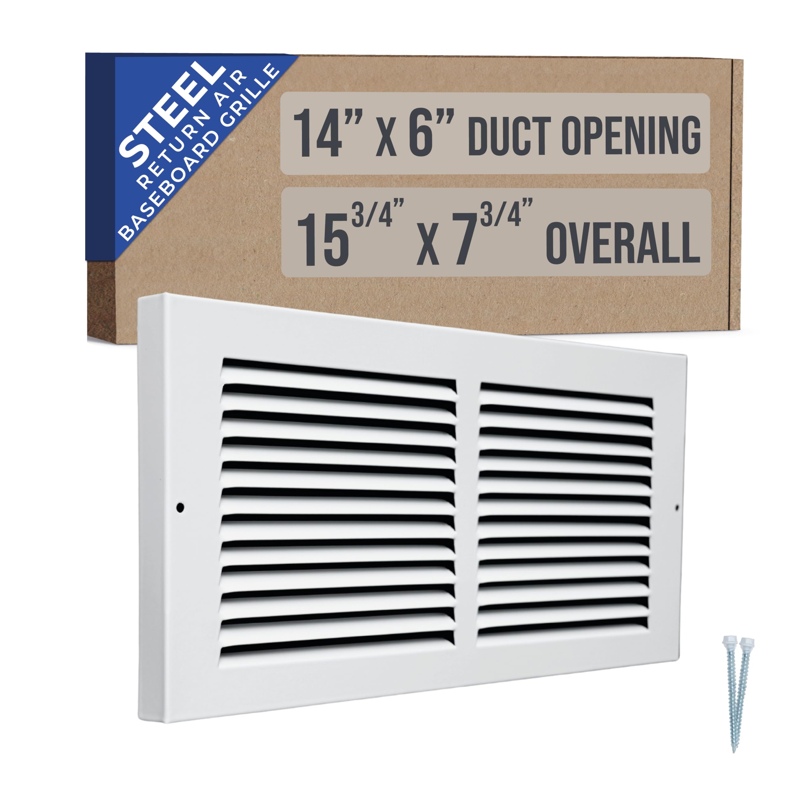 Fits 14x6 Duct Opening | Steel Baseboard Return Air Grille by Handua | Vent Cover Grill | 7/8" Margin Turnback [Depth] to Fit Baseboard | White | Outer Dimensions: 15.75"W X 7.75 "H