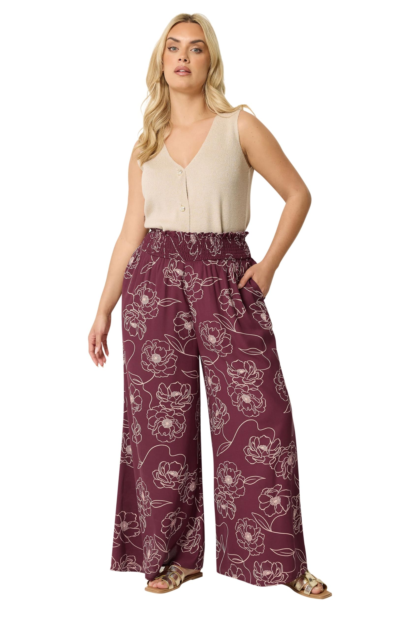 Yours Women's Burgundy Floral Wide Leg Trousers In Size 26-28
