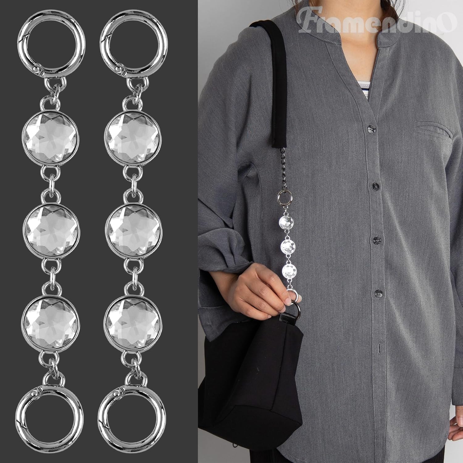 Framendino, 2 Pack Crystal Purse Strap Extender Rhinestone Handbag Handle Shoulder Chains Extension Short Chain Straps for Cross Body Bag (Silver) - Image 5