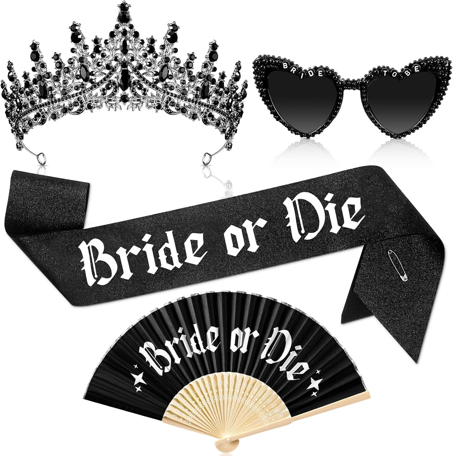 JaGely 4 Pcs Gothic Bachelorette Party Accessories Set, Bride Crystal Crown Sunglasses Sash and Fan for Bridal Shower(Wife of the Party)