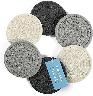 OrganiHaus Rope Cup Coaster Set of 6 | Farmhouse Coasters for Drinks | Absorbent Coasters for Drinks for Tabletop Protection | Woven Coasters, Rustic Coasters, Rope Drink Coasters -3-Toned Gray