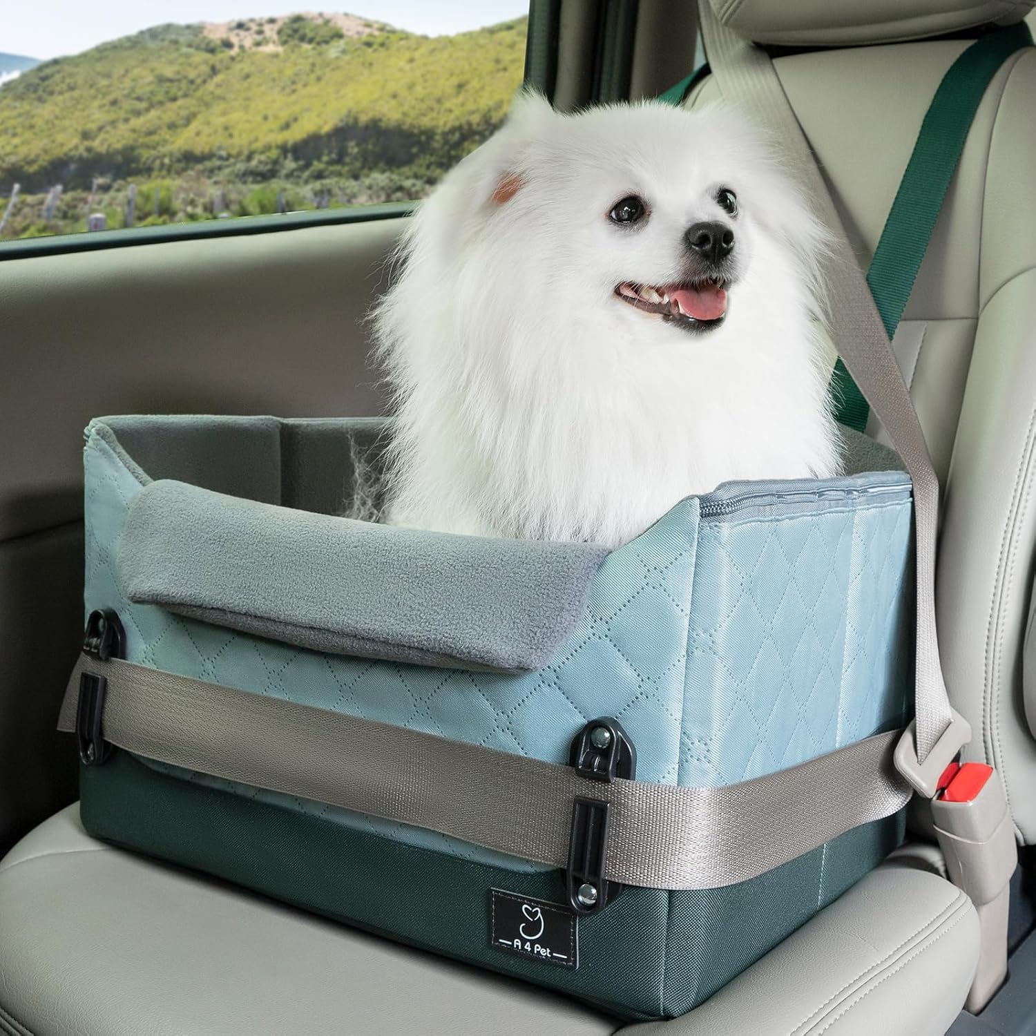 A 4 Pet Dog Car Seats for Small Dogs Under 25lbs – Safety Travel Booster Seat with Patent Buckles, Adjustable Leash – Reduces Anxiety & Road Trips – Frame Support for Cars, SUV, Pickup