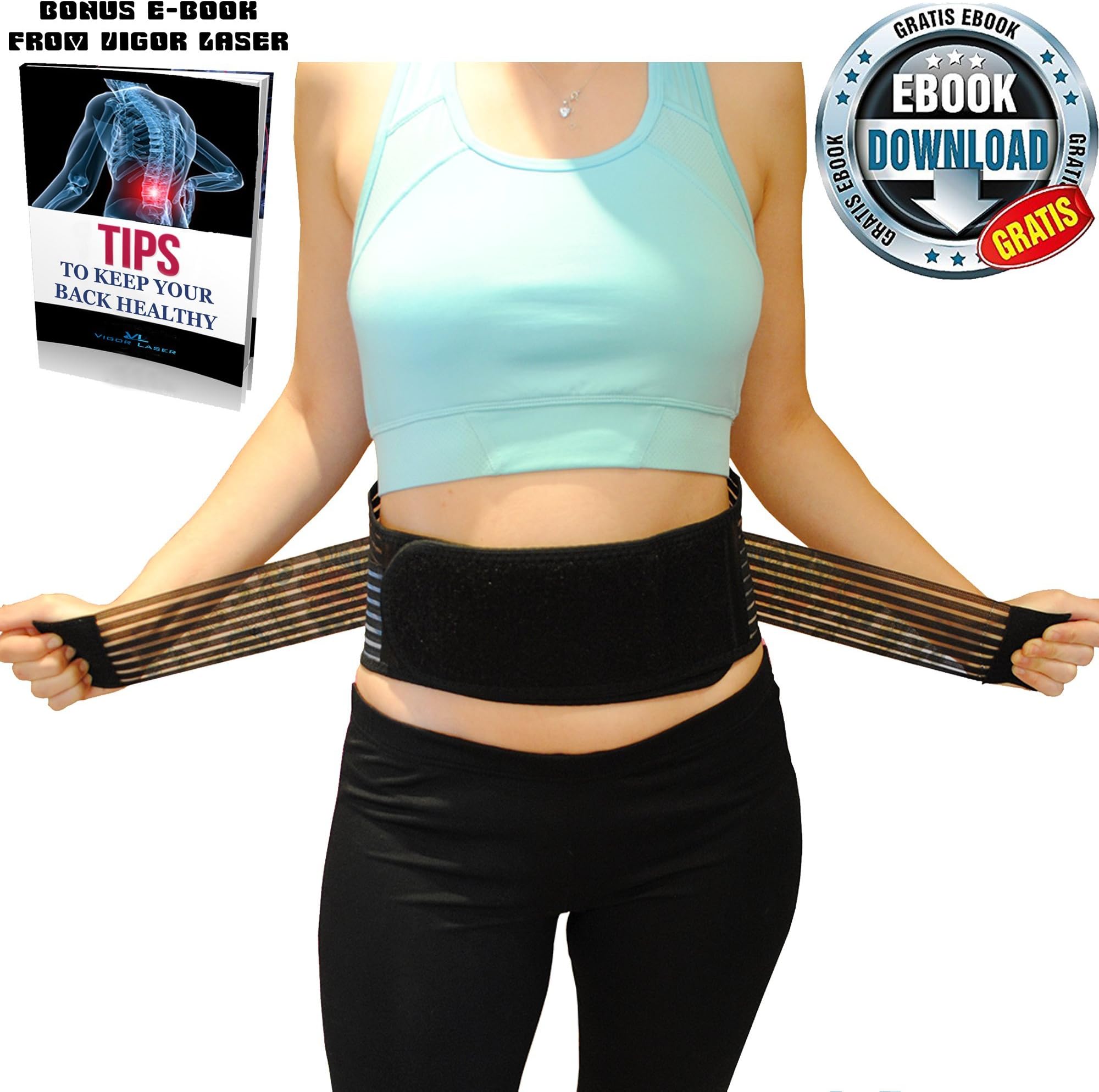 Premium Back Braces for Lower Back Pain Relief | Stabilizing Support Belt with Dual Adjustable Straps and Breathable Mesh Panels by Vigor Laser + Bonus e-Book | Size XL for Men-Women