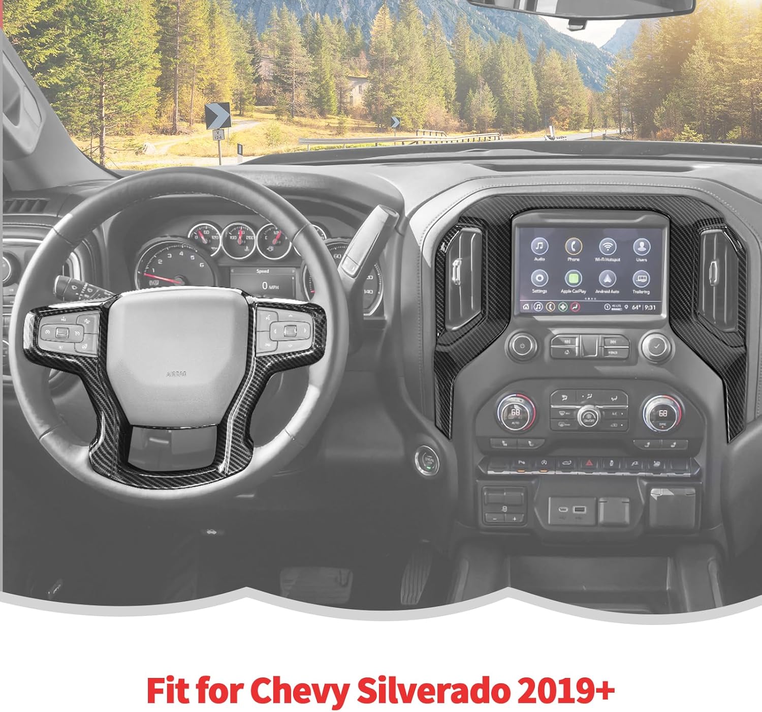 RT-TCZ Center Console Navigation GPS Panel Cover Trim Kit Decoration Interior Accessories for Chevrolet Chevy Silverado 2019-2021 (Black Carbon Fiber)