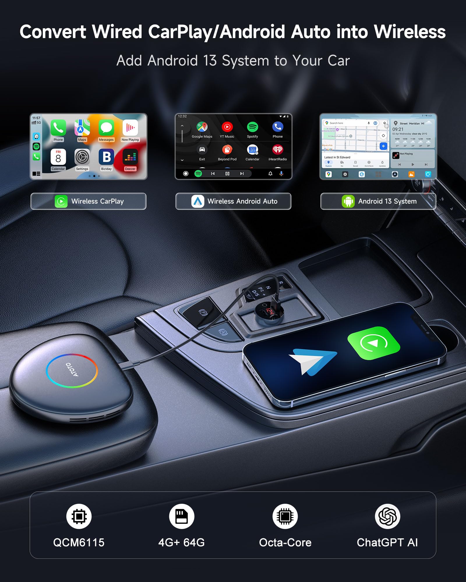 Amazon.com: ATOTOLIFE CB6C AI Box CarPlay, Wireless CarPlay