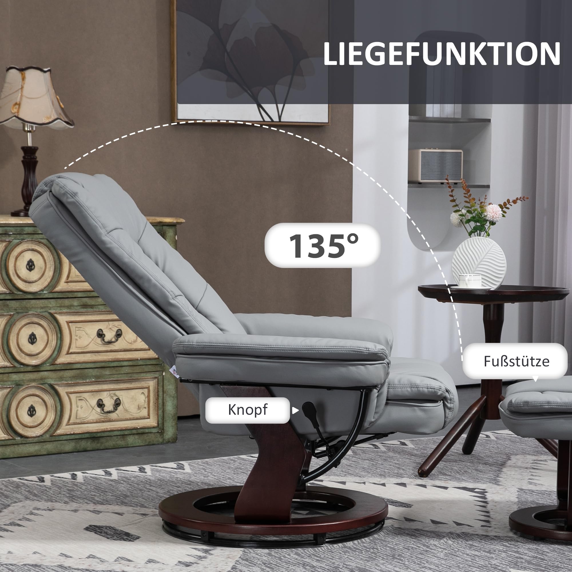 HOMCOM Relaxsessel mit Hocker 360°Drehbarer Fernsehsessel mit Liegefunktion TV-Sessel Ruhesessel bis 130 kg belastbar für Wohnzimmer Kunstleder, Grau