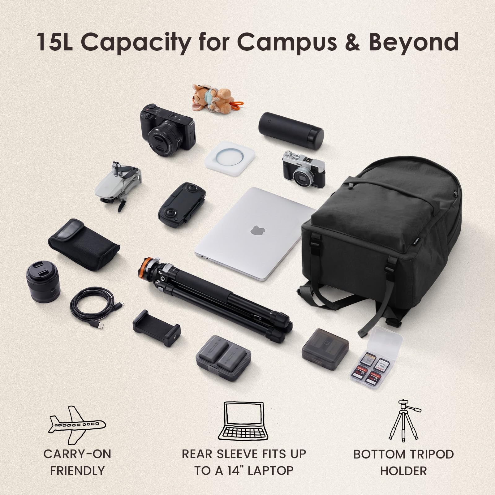 TARION Zaino Fotografico Borsa Fotografica: Zaino Fotocamera per Tutti i Giorni Casuale Leggra con Scomparto per Laptop da 14 pollici per Fotografia Reflex ONCE IT 15 (Nero)