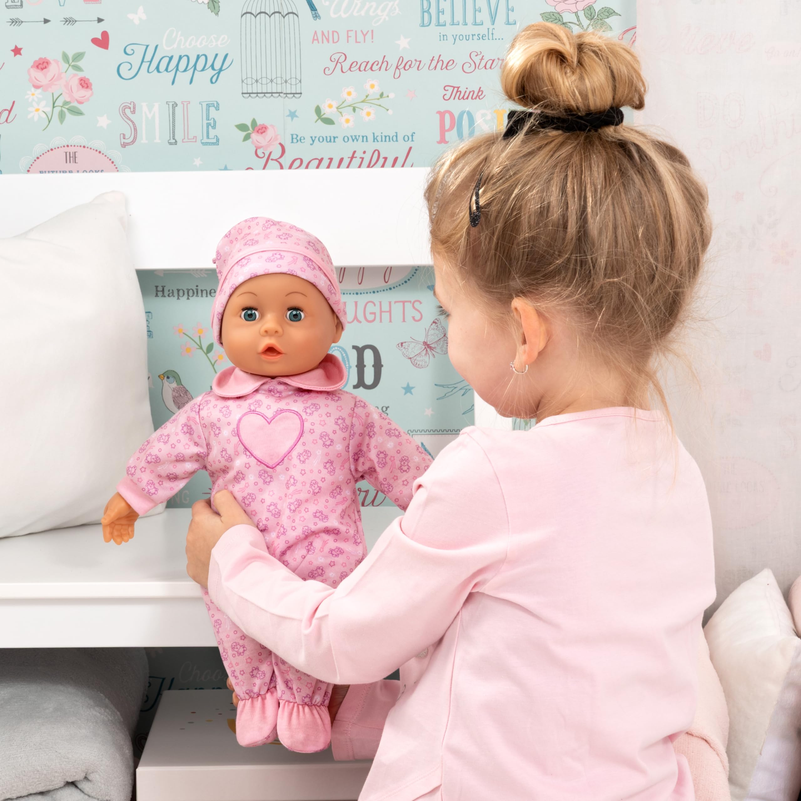 Bayer Design 93824CO Babypuppe interaktiv, Spielpuppe sprechend, weicher Körper, Schnuller, Flasche, 38 cm, Rosa