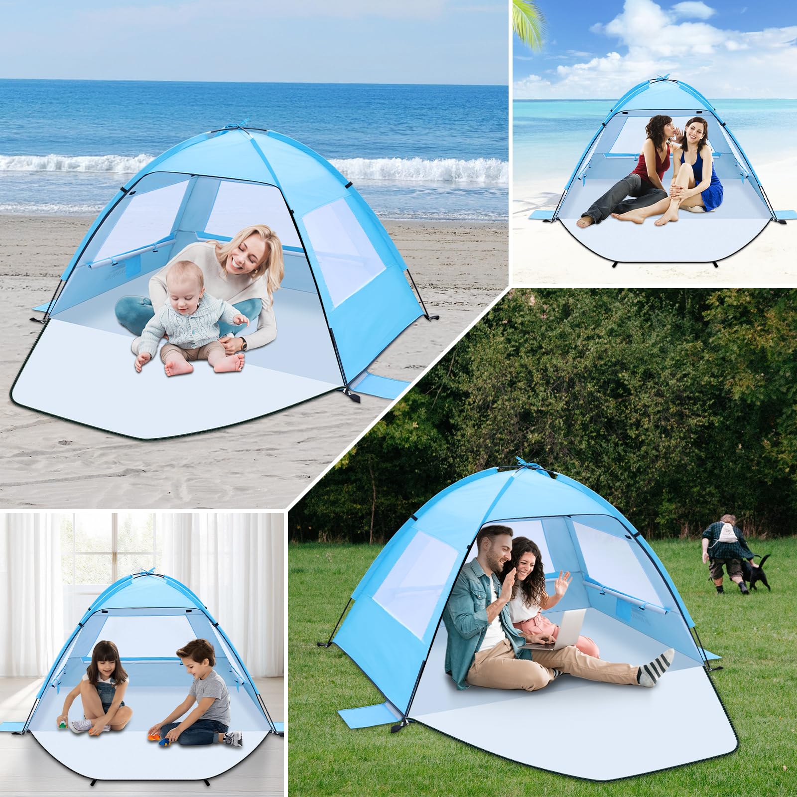 Tenda da Spiaggia e Campeggio, Tenda da Sole UV50+ Pieghevole e Impermeabile, Portatile con Massima Ventilazione e Finestre a Rete, Rifugio Stabile per Bambini e Famiglia