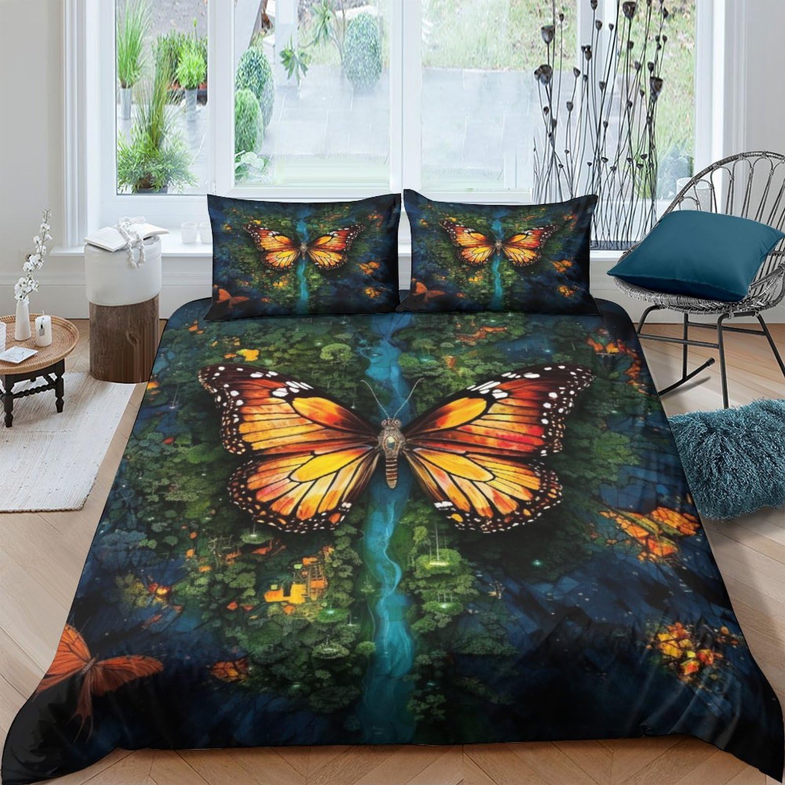 Housse de couette papillon 3D 200x200cm en microfibre avec taies d'oreiller