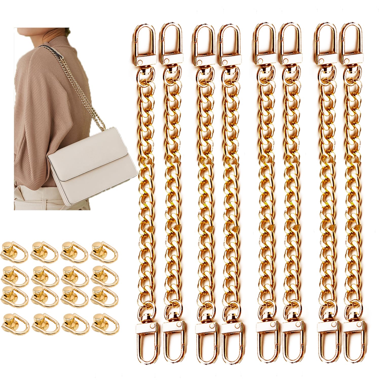 24 Pcs Purse Chain Strap D Ring Rivets Set, Purse Strap Extender Metal Flat Chain Strap Replacement,Vintage Black, Silver, Gold, Rose Gold,7.9 Inch (Gold-2)