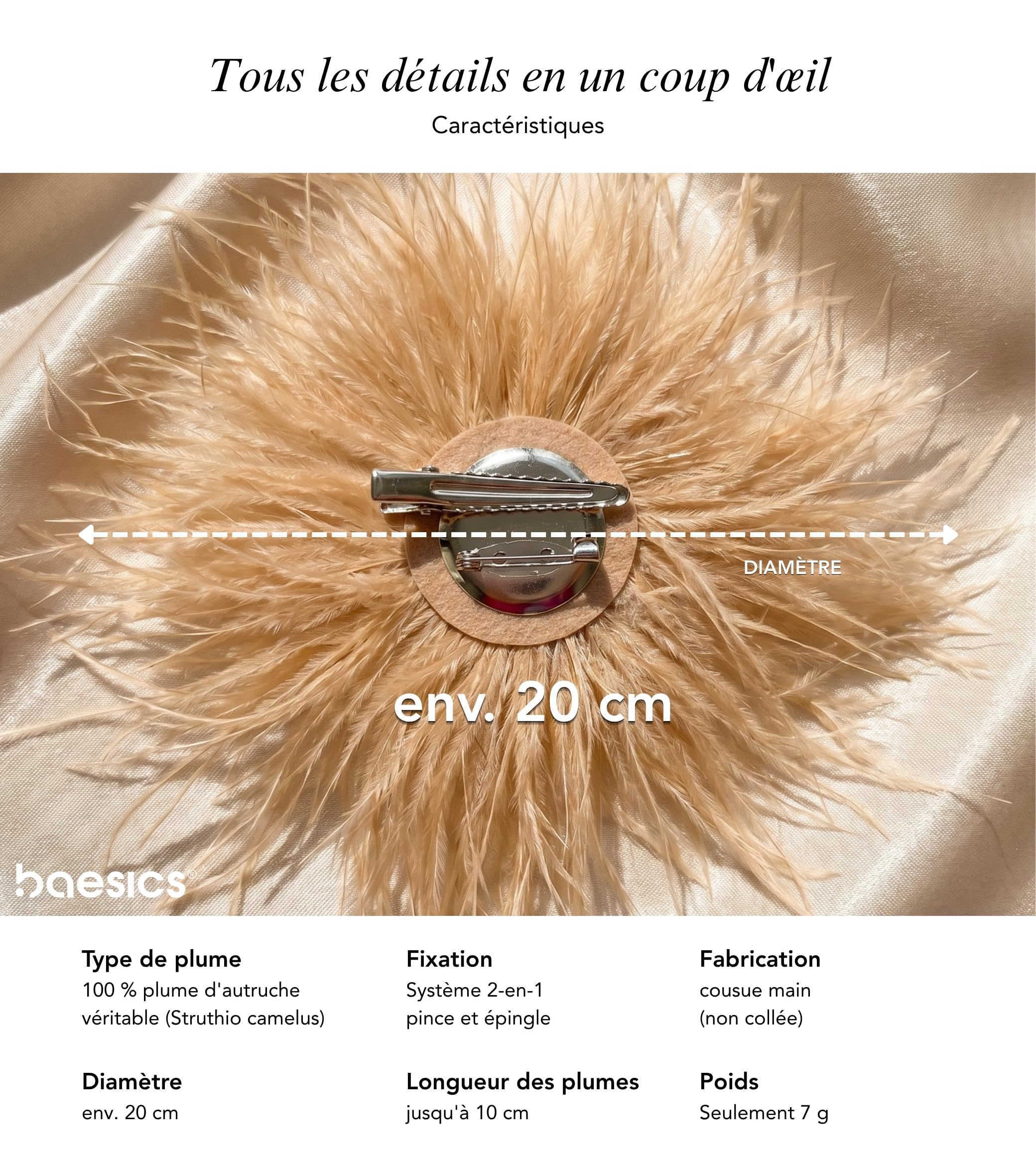 Baesics Broche à plumes pour femme - Plume d'autruche Fluffy - Broche à clipser - Vintage pour mariage, mariée, carnaval, blazer