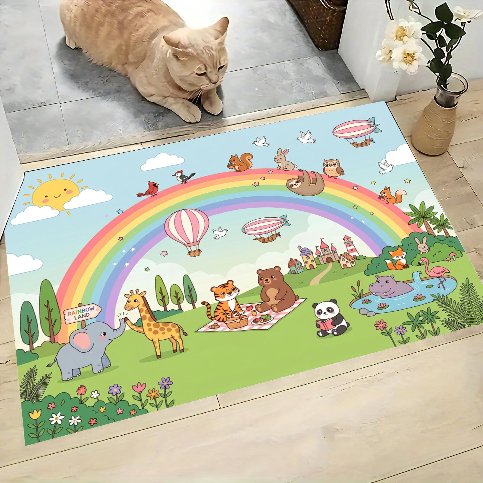 Felpudo de Entrada Tigre Panda Hipopótamo, 80x120cm Alfombra para Puerta Recolección Animales Bosque, Antideslizante, Lavable Alfombrilla para Pasillo, Cocina, Dormitorio, Verde