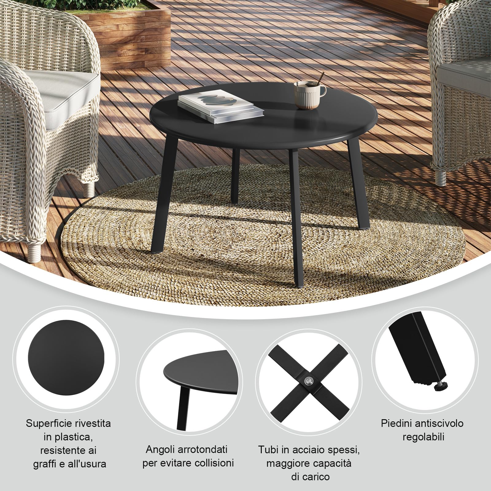 eSituro Tavolo da Giardino, Tavolo da Esterno, Tavolino Salotto Rotondo, Tavolino da Balcone, Stile Industriale, per Interni ed Esterni, in Metallo Nero, φ70xH40cm