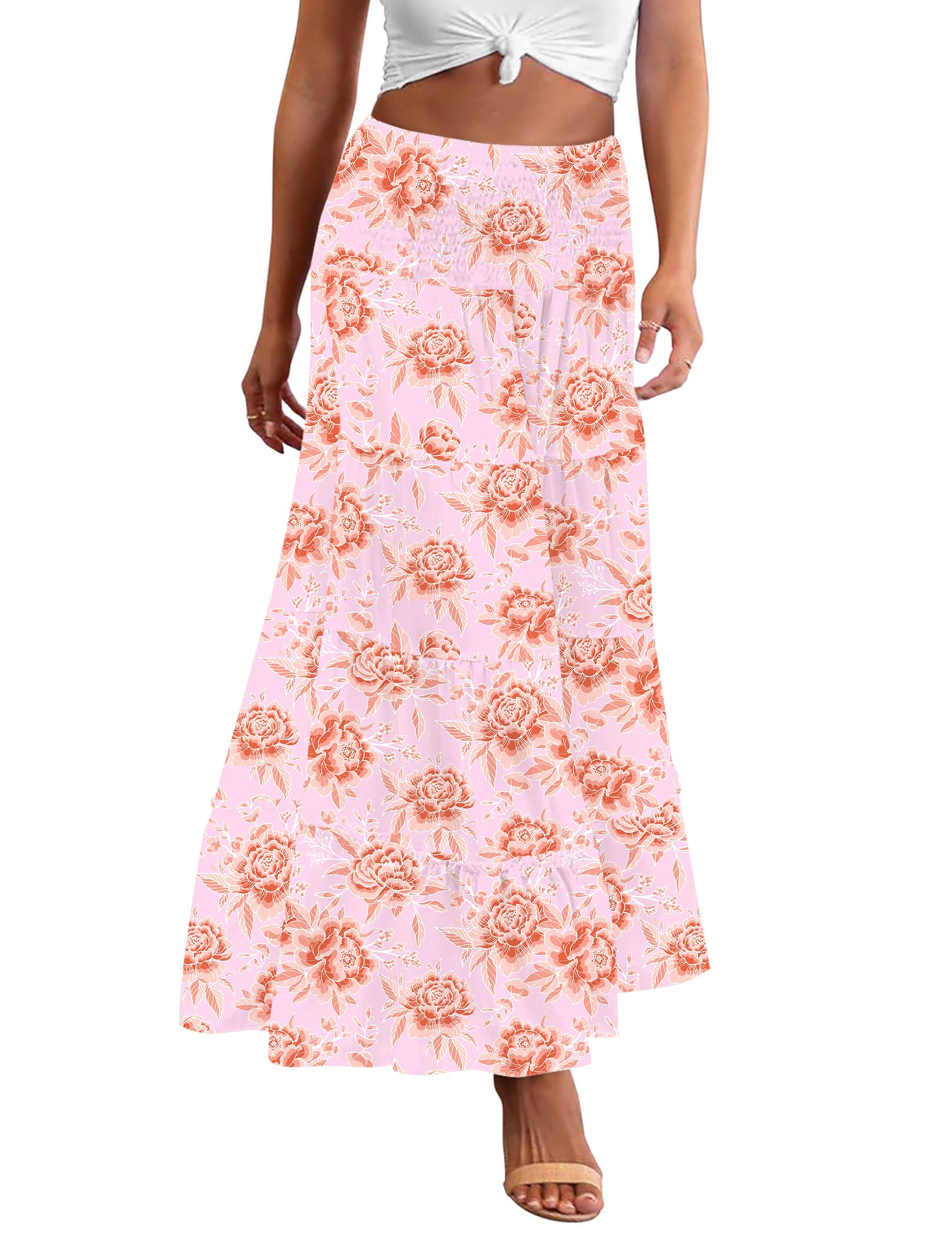 Zeagoo Women's Long Maxi Skirts Tiered Elastic High Waist Boho Double Layered Print A-Line Casual Midi Dress