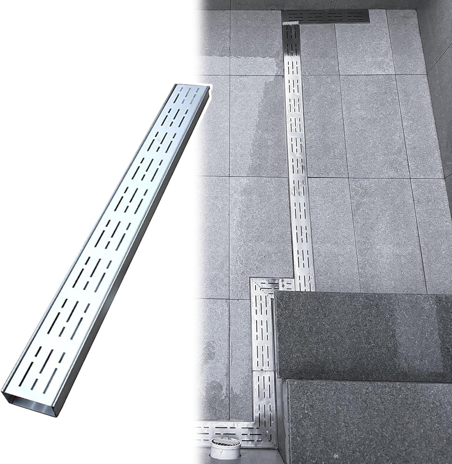 Griglia di scarico in acciaio inox, 100 x 10 x 8 cm, sistema di drenaggio per un efficace drenaggio dell'acqua e prevenzione dell'accumulo in cortili e cortili