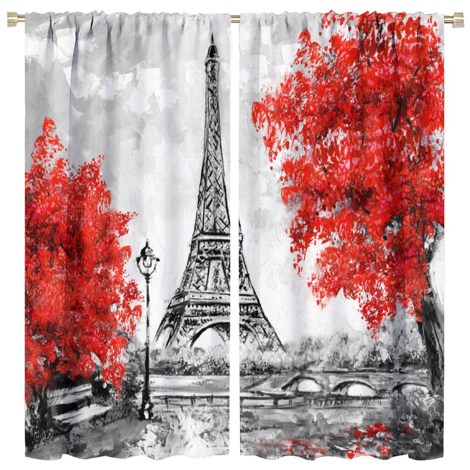 JESTRONRY City Landscape Retro Curtains,Red Paris Oil Painting Eiffel Tower Romance Theme Blackout Rod Pocket Window Drapes Set 2 Panes for Living Room Bedroom Kitchen Cafe W42xL45in