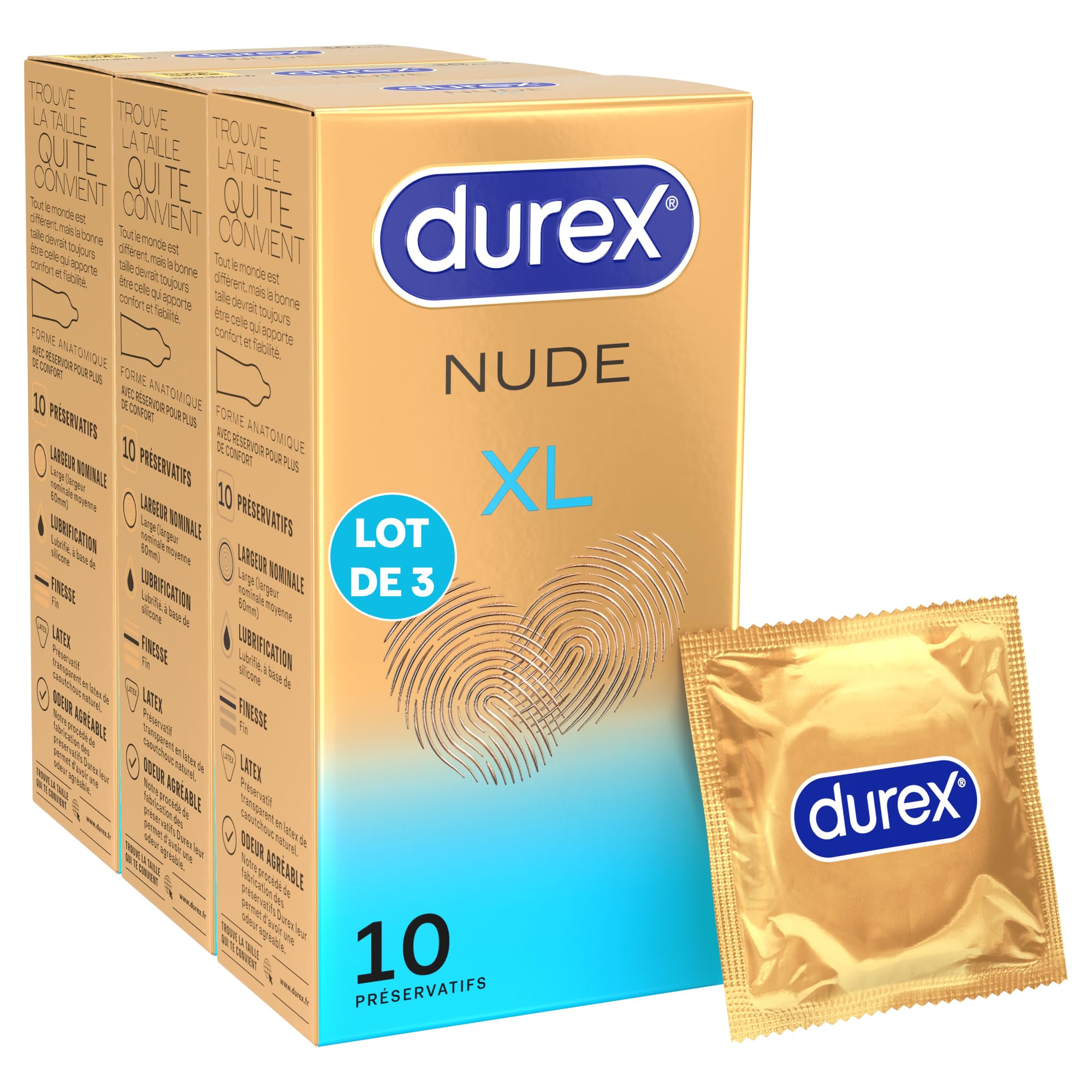 Durex Nude XL - 30 Préservatifs Homme Ultra Fins et Extra Larges - Largeur nominale 60mm