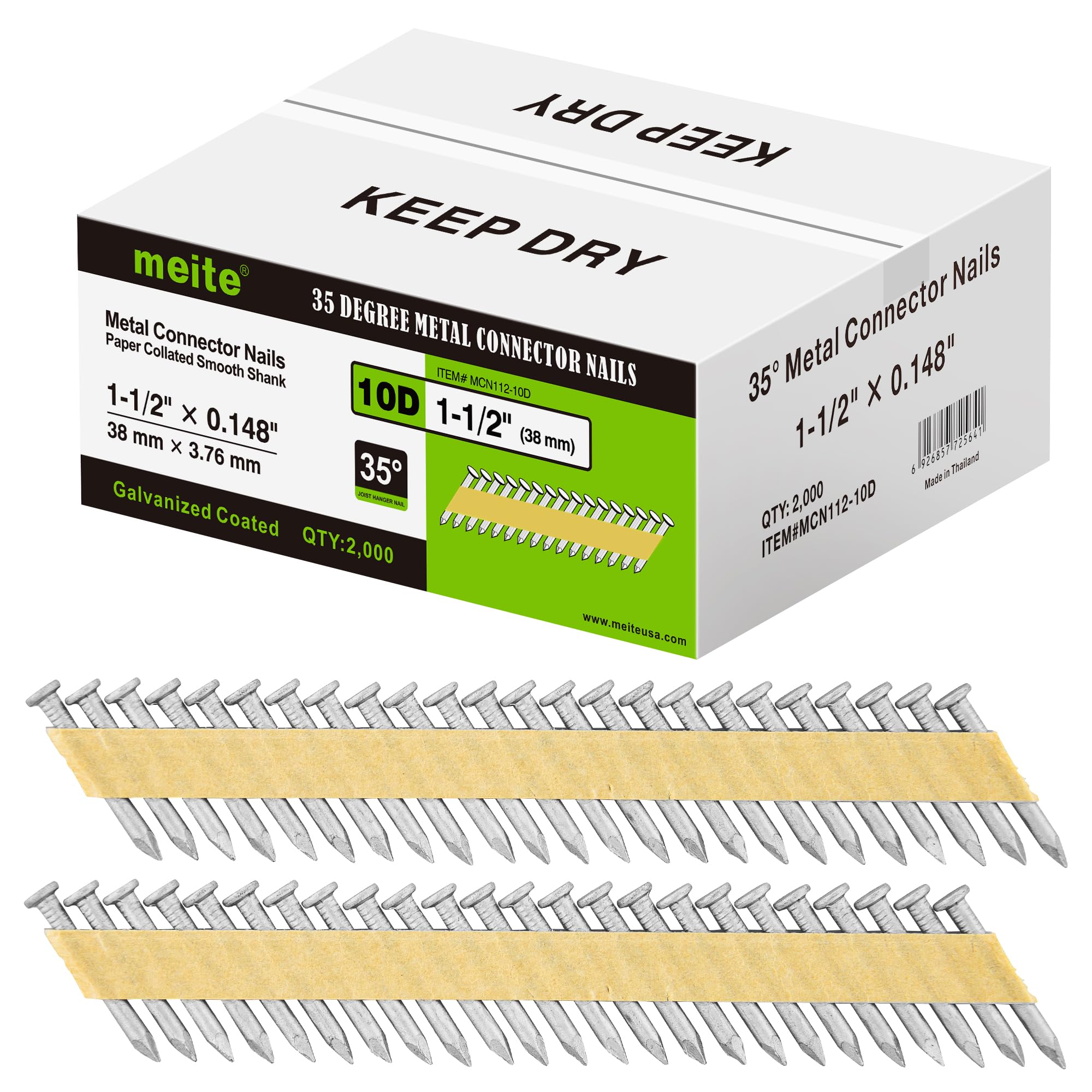 meite Metal Connector Nails 1-1/2 Inch x .148 Inch for Joist Hanger Nailer Gun, Galvanized Paper Tape Collated Joist Hanger Nails for 34-36 Degree Metal Connector Nailer on Decking Framing 2,000PCS