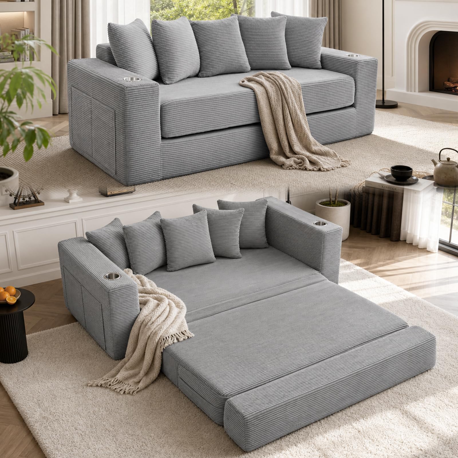 FASADI 76" Convertible Sofa Bed, 2-in-1 Boneless Sleeper Sofa with Cup Holder & Pocket, Corduroy Pull Out Couch with 5 Pillows, Couch Bed for Living Room, Small Spaces, Bedroom, No Assembly