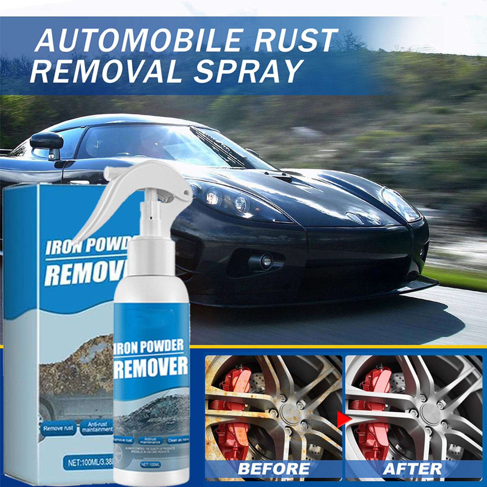 Iron Powder Cleaner Spray for Car Wheels, Multi-Surface Metal Stain Cleaner for Tools & Hardware, Iron Fallout for Automotive Detailing, 100ml (3pcs)