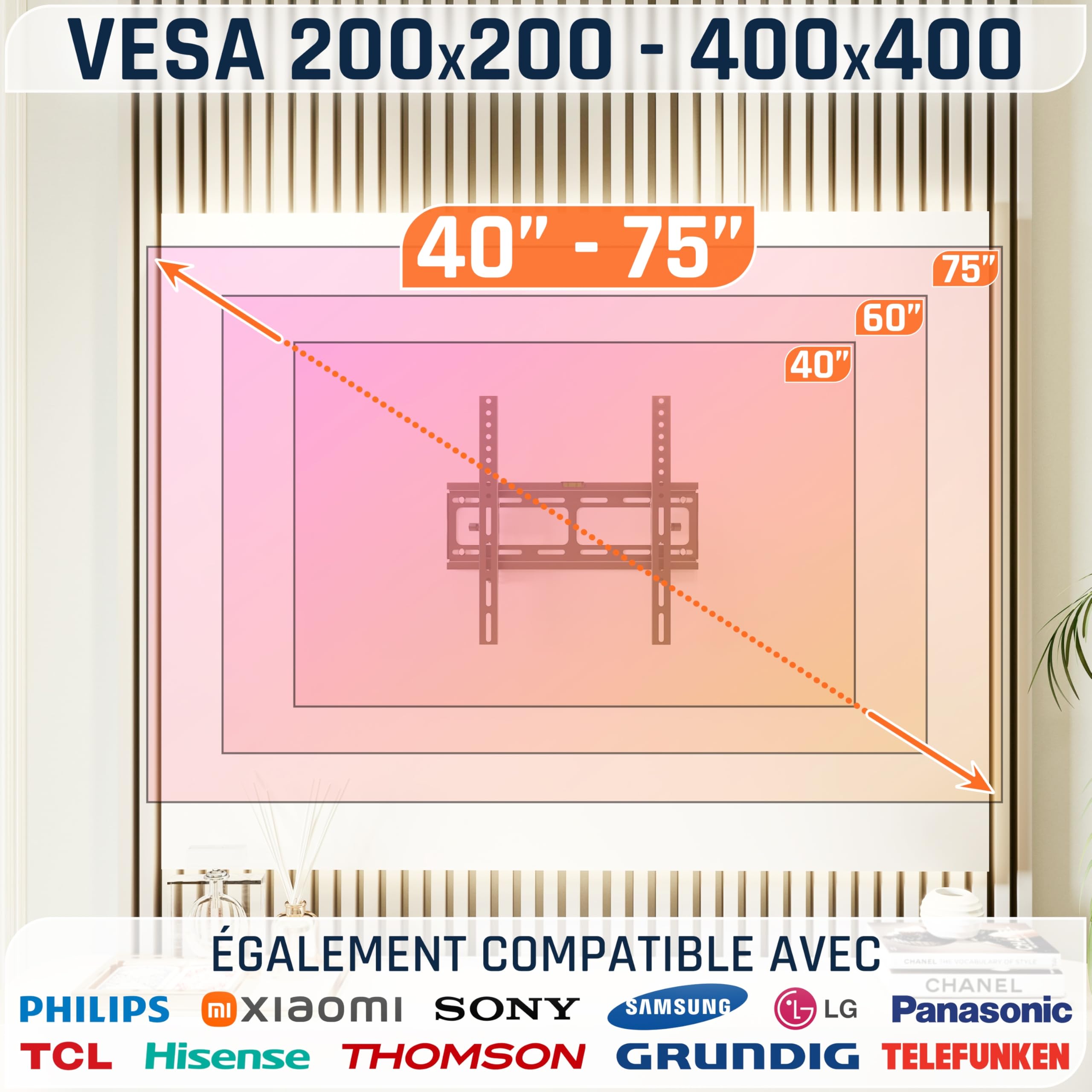 RICOO R09 Support Mural TV 40 à 85 Pouces 42 43 48 50 55 58 60 65 70 75 77 83 Pouces VESA 200x200 à VESA 400x400 Inclinable Universel Fixation Murale TV QLED OLED LED LCD