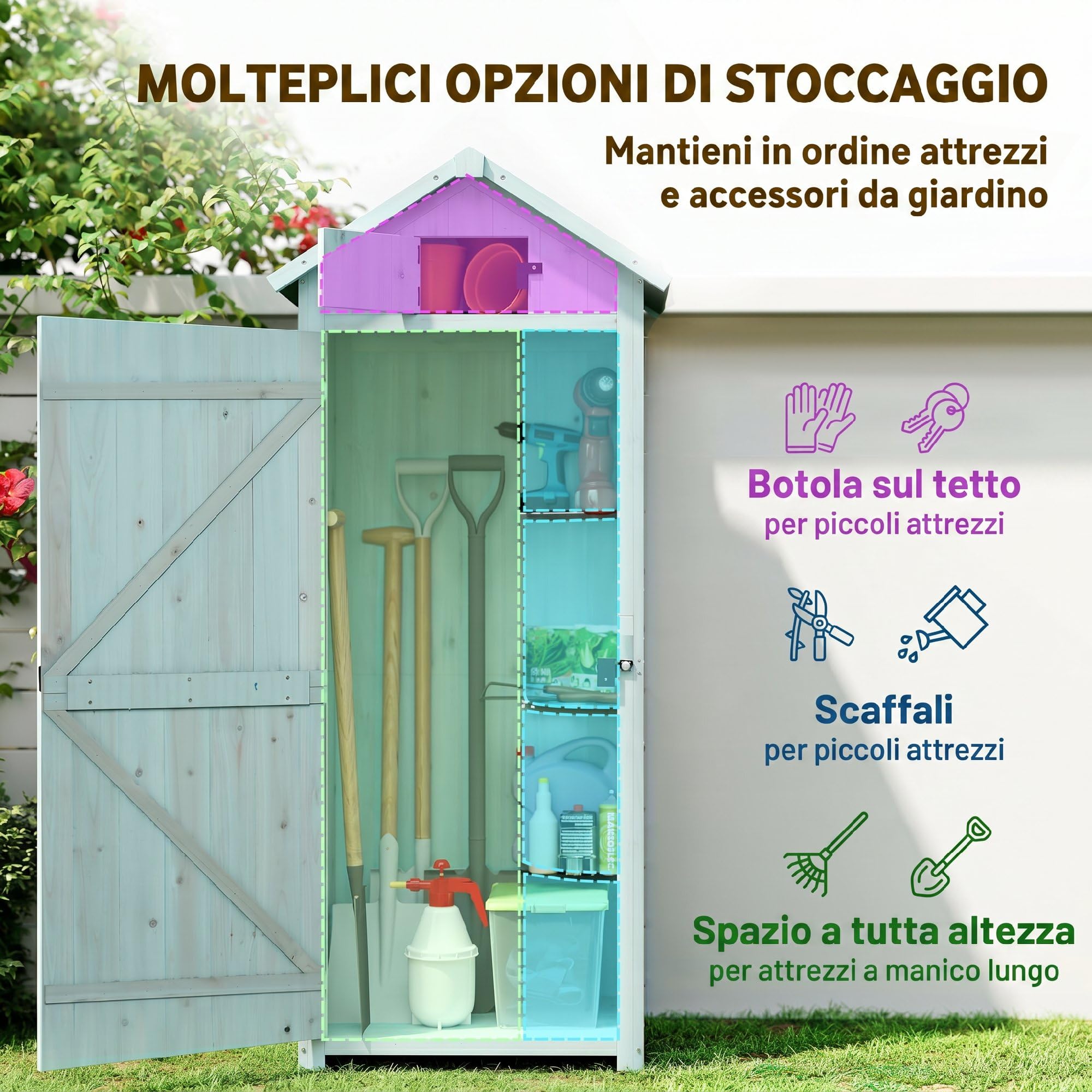 Outsunny Capanno da Giardino Piccolo in Legno, Porta Attrezzi Salvaspazio, 3 Mensole Rimovibili, Tetto in Asfalto Impermeabile, 77x54.2x179cm, Blu