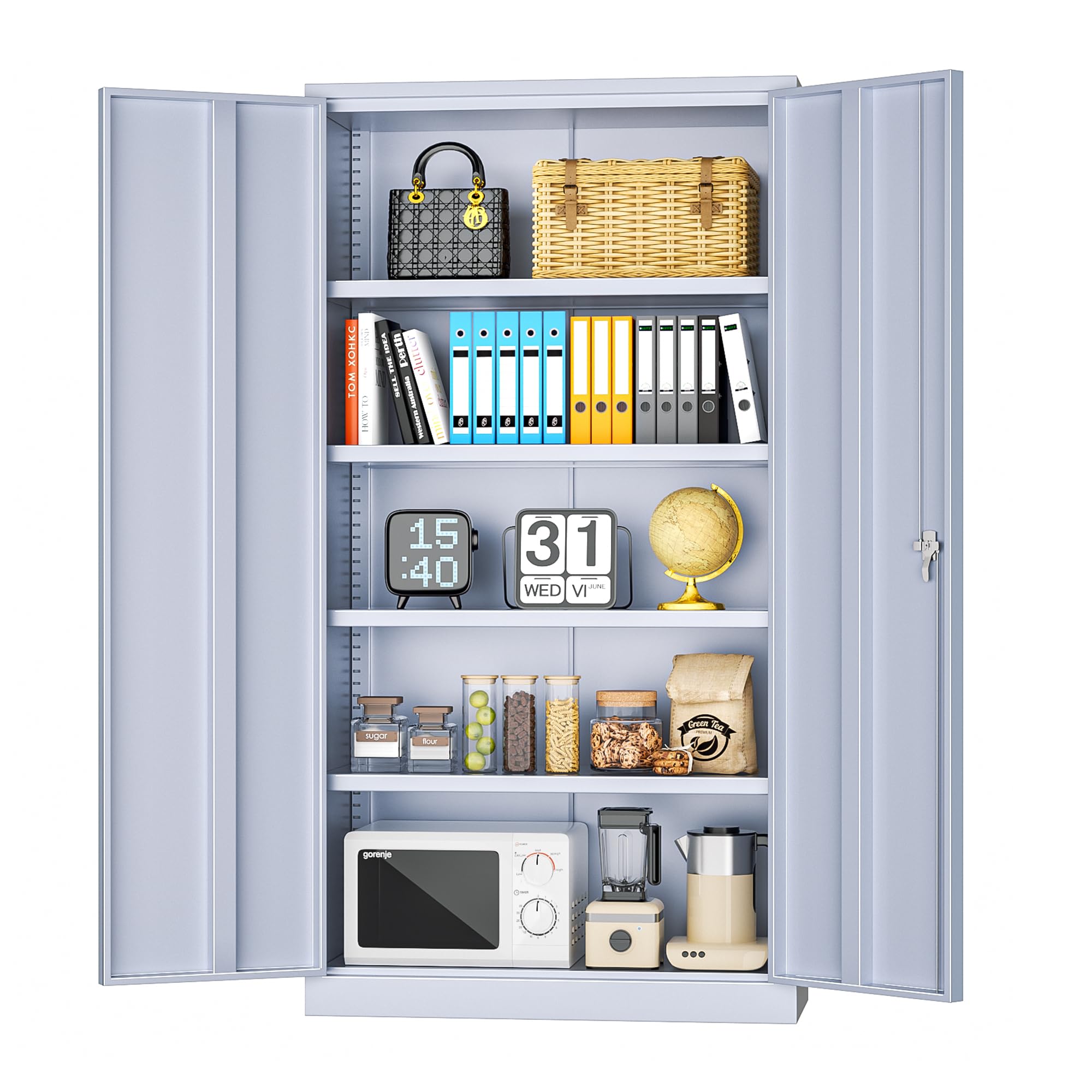 INTERGREAT Metal Storage Cabinet with Doors, 72" Locking Steel Storage Cabinet with Shelves, Tall Metal Cabinet Lockable Steel Cabinets for Home Office, Garage,(Cement)