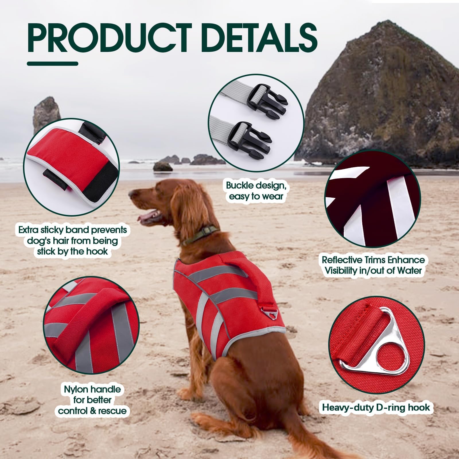 Kuoser Dog Life Jacket with Reflective Stripes - Adjustable High Visibility Vest, Ripstop Lifesaver, Pet Preserver with High Flotation Swimsuit for Small, Medium and Large Dogs