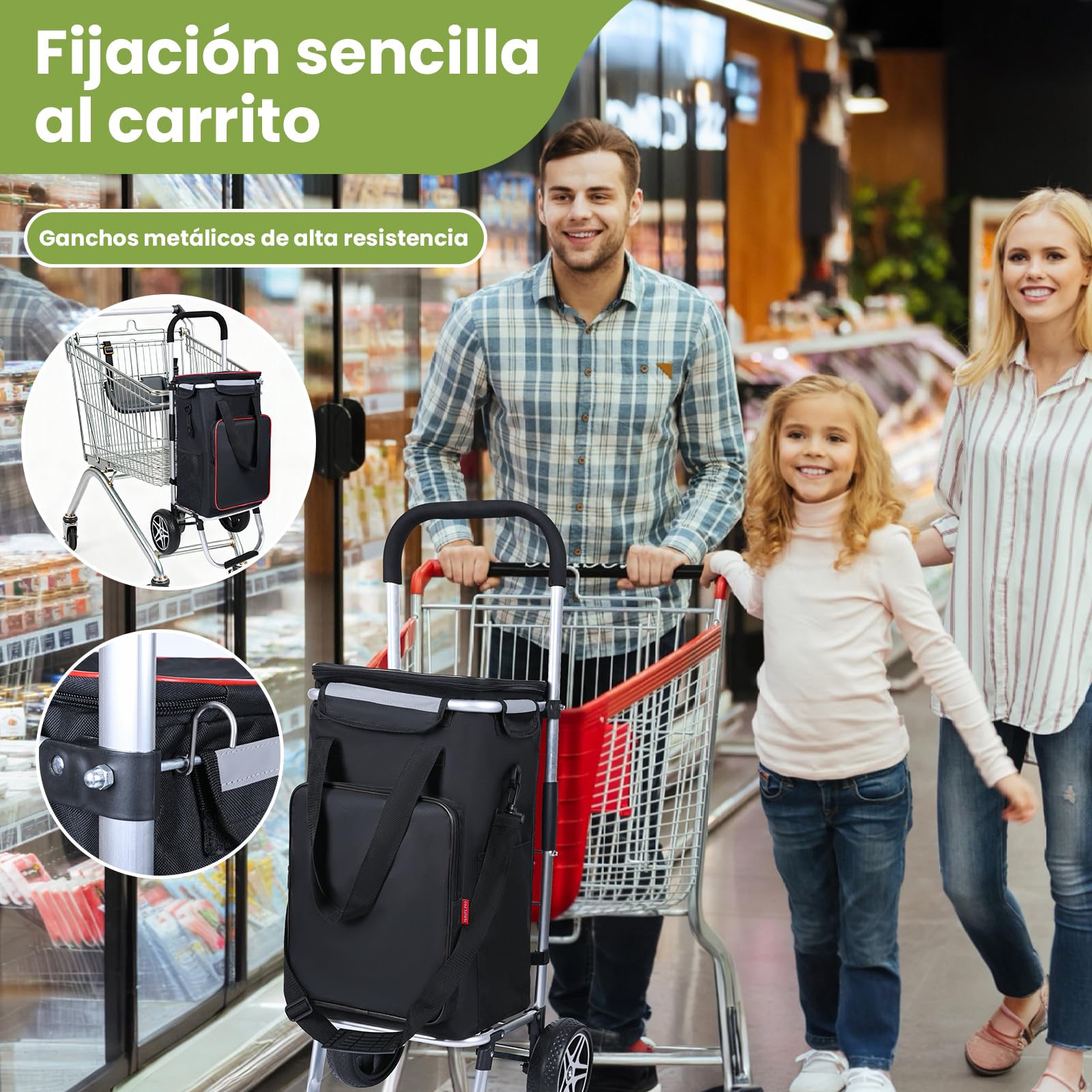 YEAUPE PRO Carro de la Compra, MAX 50L de Capacidad - Carrito de 2 Ruedas, 3 en 1 con Bolsa Térmica Desmontable - para Compra Semanal, Picnic o Viaje - Negro
