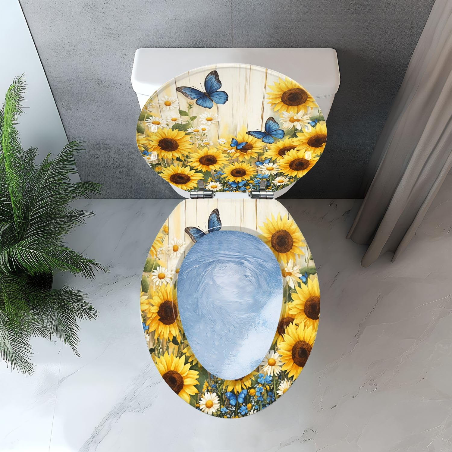 Asiento de inodoro alargado con bisagras de cierre suave y liberación rápida. Decoración rústica para baño.