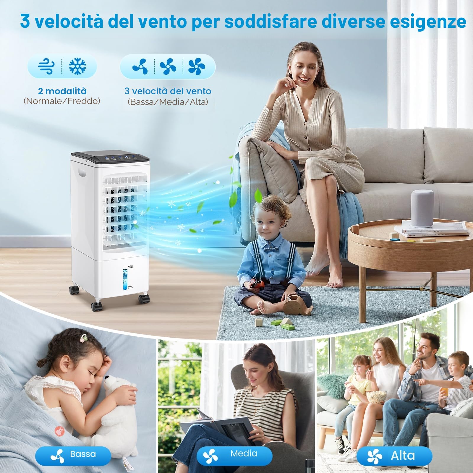 Condizionatore Portatile Hifetar, Raffreddatore d'aria 5.5L Senza Tubo, 4 in 1 Raffreddatore Evaporativo 60 W, Timer 1-7, 3 Velocità 2 Modalità, con Ruote, Telecomando per Casa Ufficio