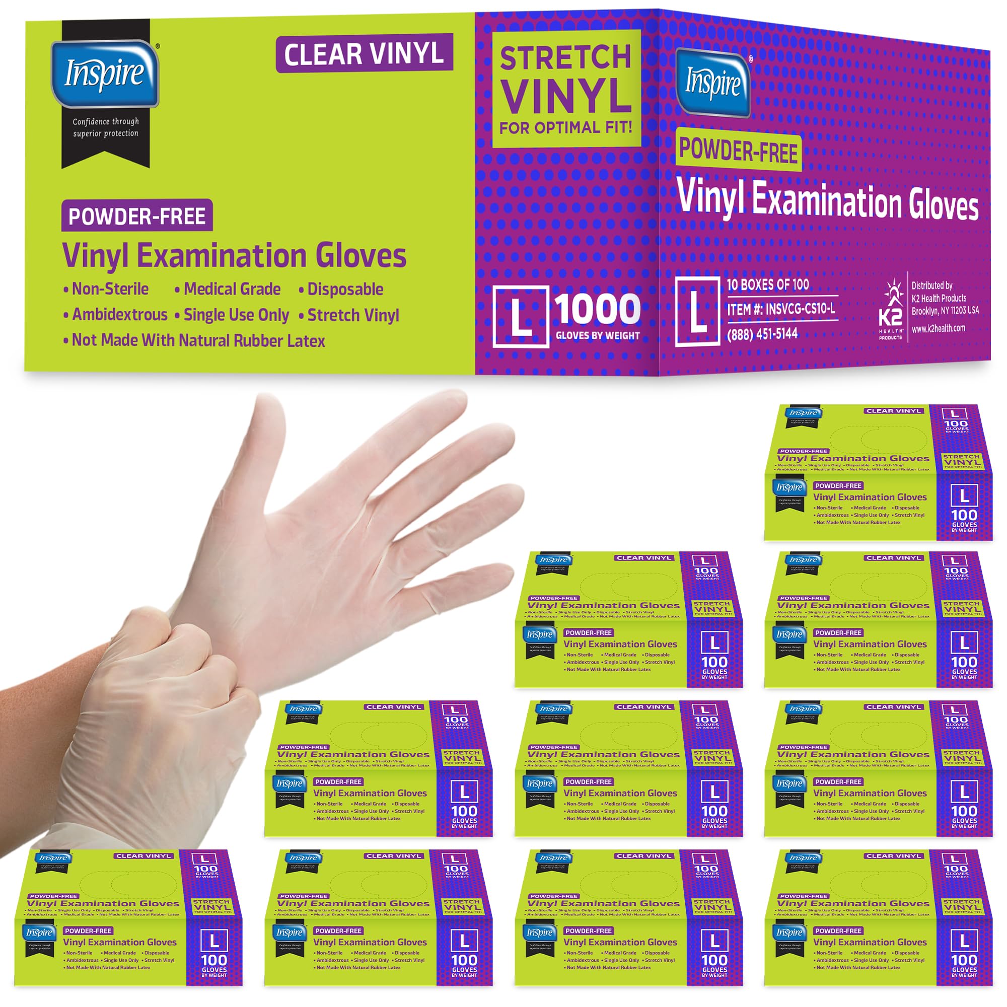 Inspire Guantes de examen médico, guantes de vinilo transparente, guantes desechables, guantes de limpieza, guantes desechables sin látex para preparación de alimentos (1000, grande)