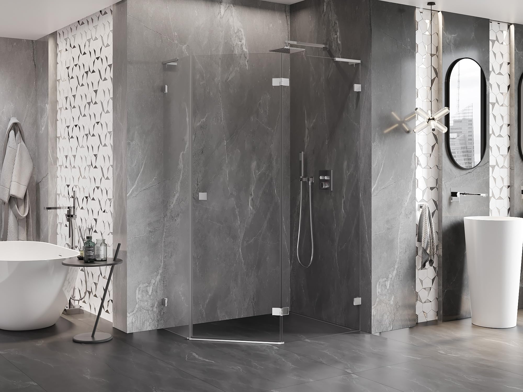 Mexen Lunar L Box Doccia Cinquagonale Angolare Destra 100x90 Trasparente Cromo