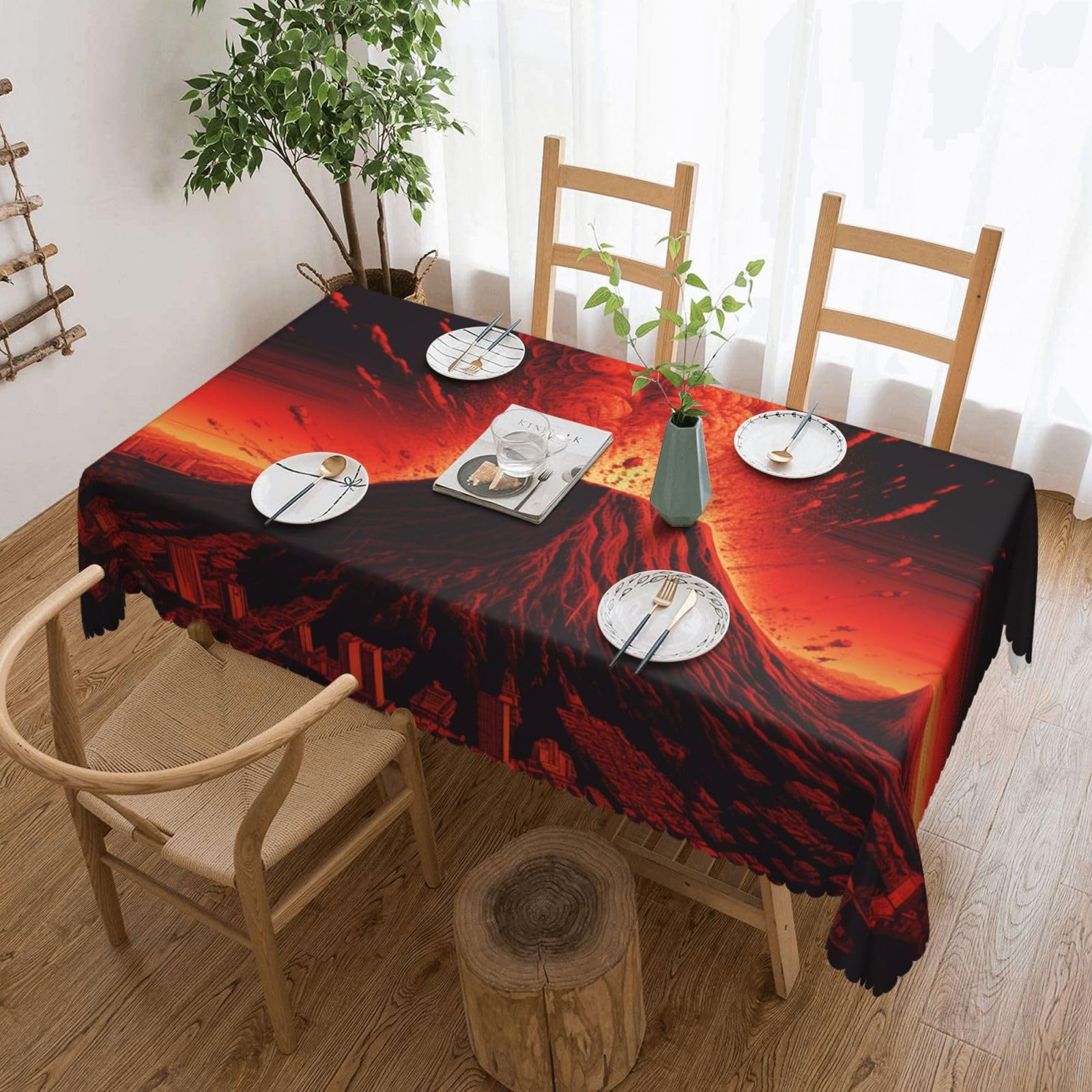 WPKJU Volcano Printed Rectangle Tablecloth 72x54 Inch with Lace Trim, Water-Resistant Washable Table Cover for Farmhouse Weddings, Outdoor Picnics & Holiday Dining