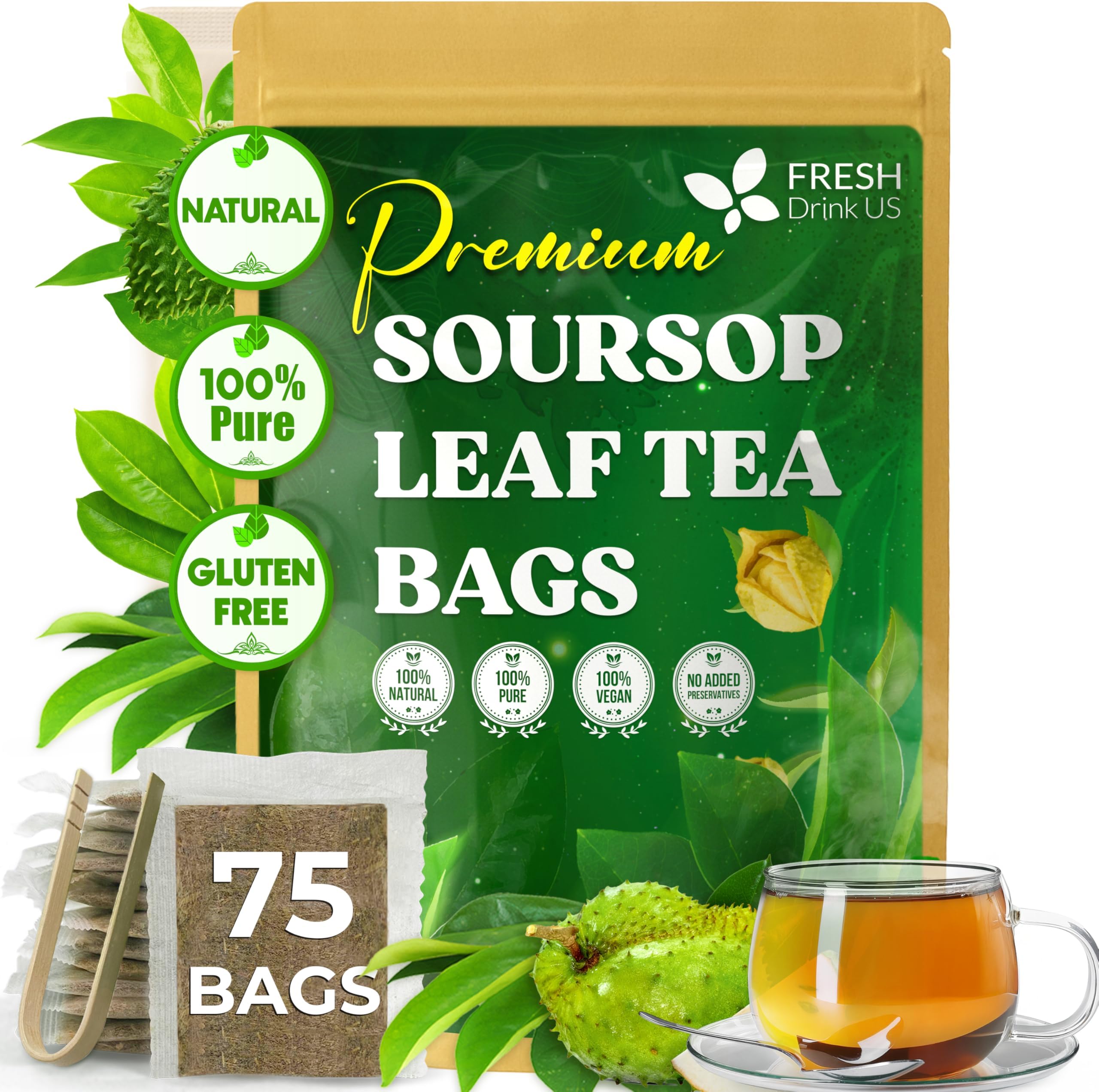 Premium 75 Soursop Graviola Leaf Tea Bags, 100% Natural and Pure from Soursop Leaves, Handmade, Made With Natural Materials-Corn Fiber Tea Bag, Sugar/ Caffeine/ Gluten Free, Hoja