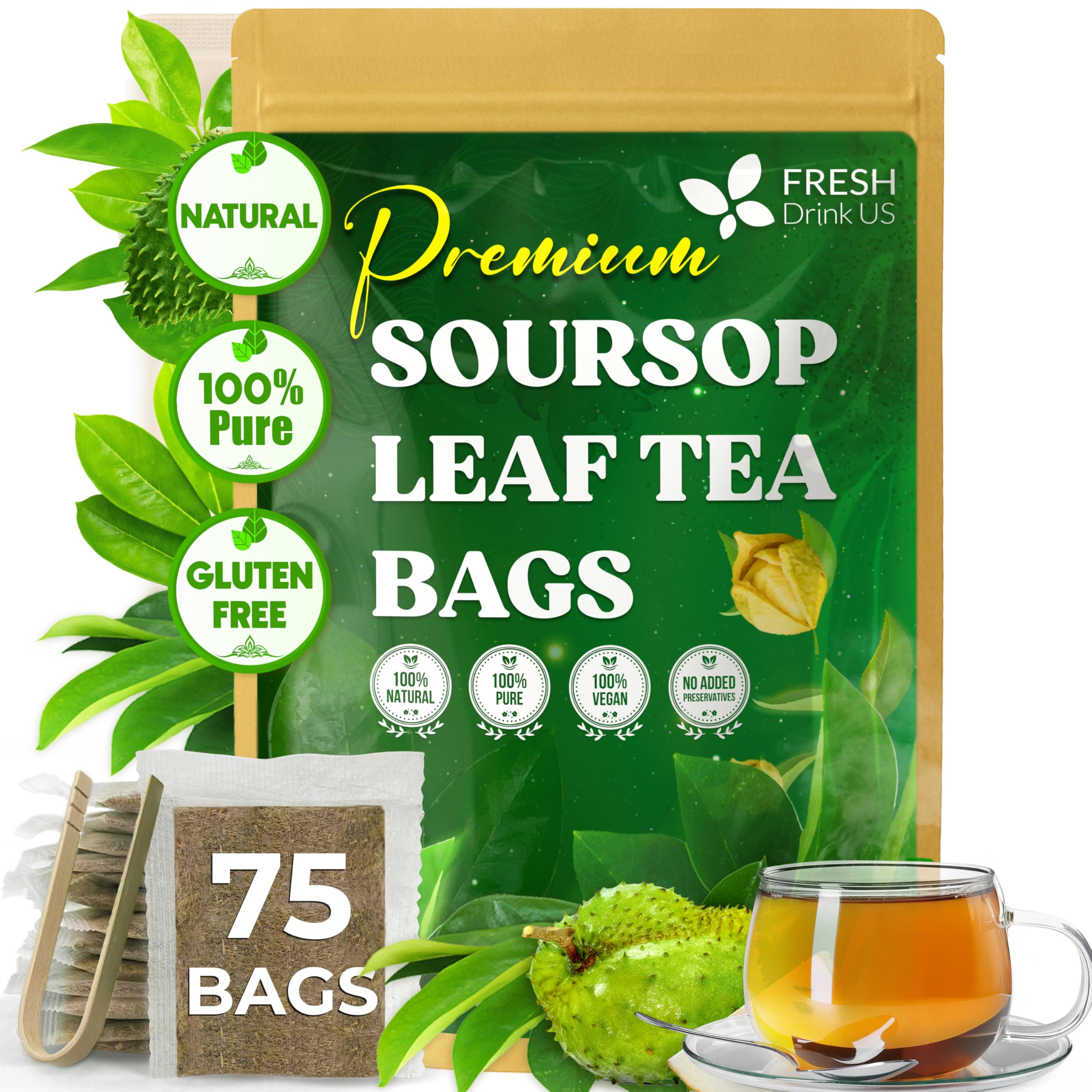 FreshDrinkUS, Premium 75 Soursop Graviola Leaf Tea Bags, 100% Natural and Pure from Soursop Leaves, Handmade, Made With Natural Materials-Corn Fiber Tea Bag, Sugar/ Caffeine/ Gluten Free, Hoja