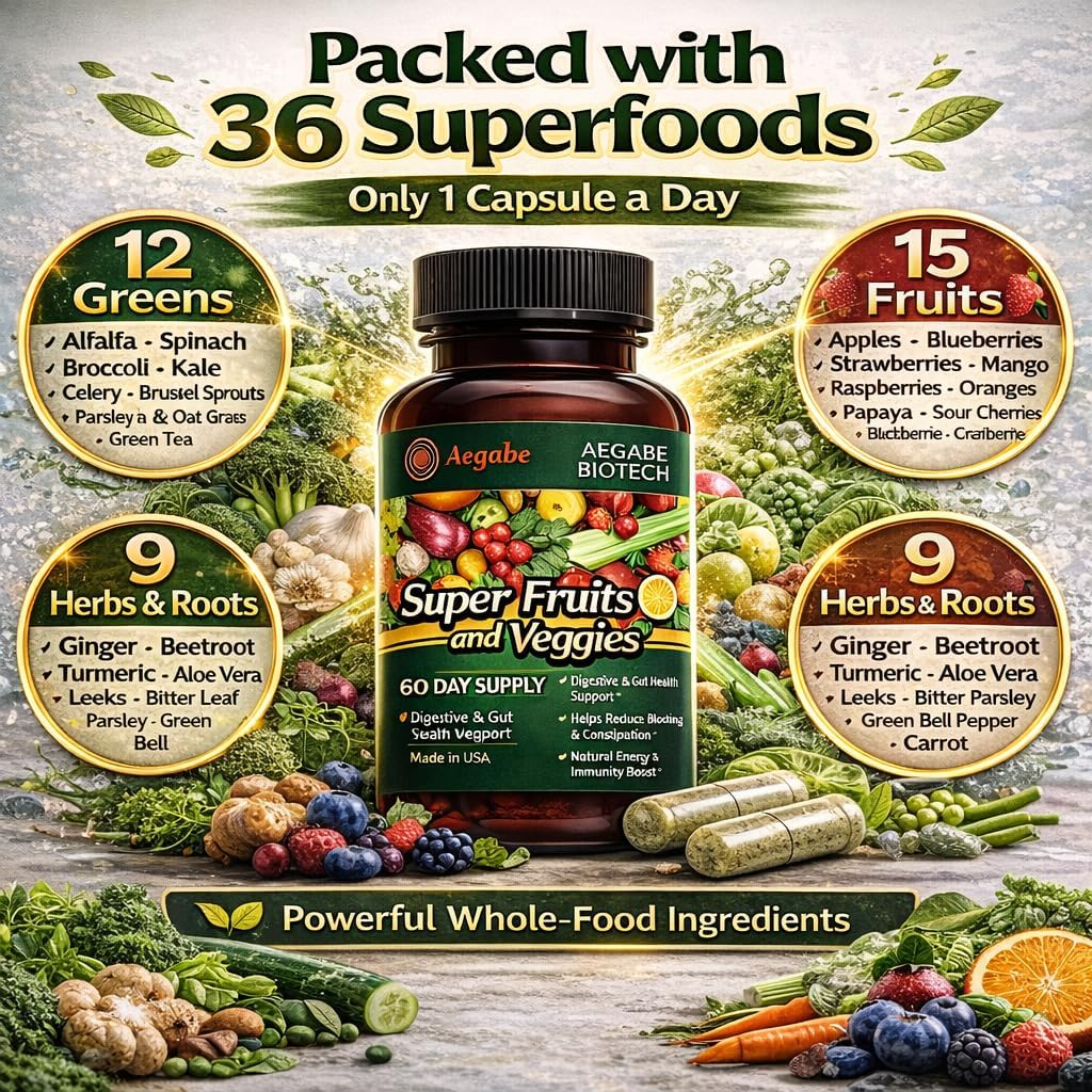 Premium Super Fruits and Veggies Supplement - 36 Whole Food Extracts - Advanced Digestive Health & Immune Support - One Capsule Daily - Made in USA - 60-Day Supply