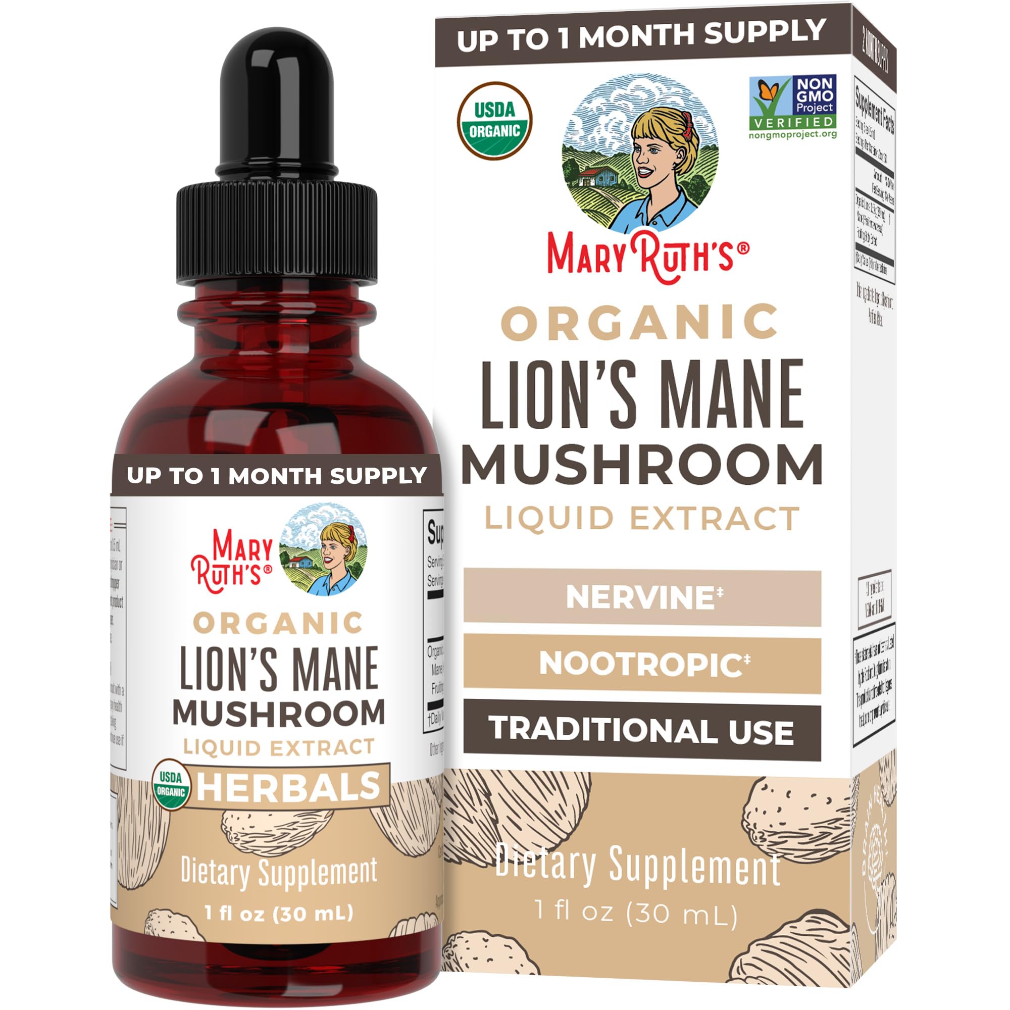 MaryRuth Organics Lions Mane Mushroom Supplement, Up to 1 Month Supply, Nootropic USDA Organic Lions Mane Extract Nervine Herbal Liquid Drops, Brain Health Non-GMO Vegan Alcohol Free Tincture, 1 Fl OzUSDA Organic