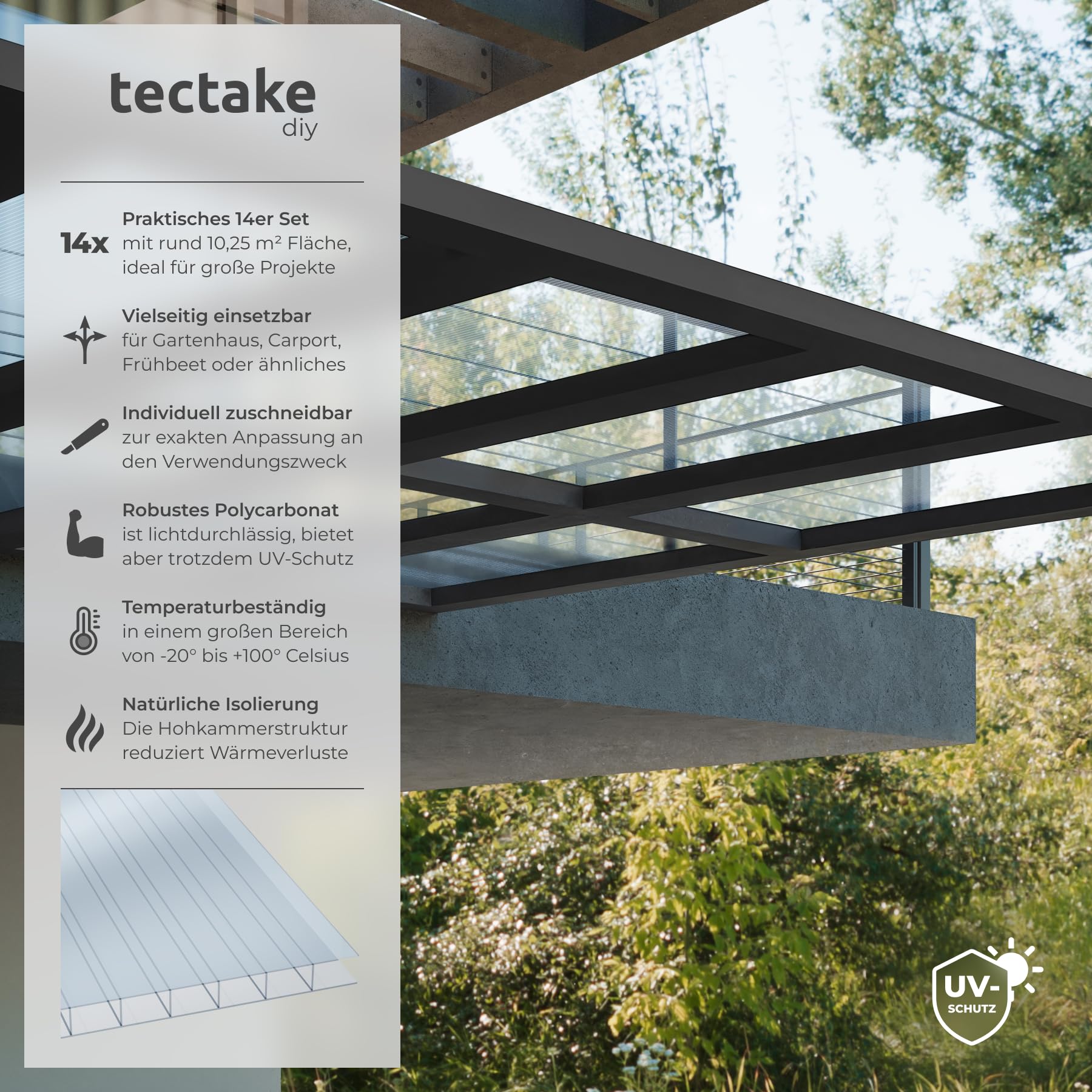 tectake® Polycarbonat Doppelstegplatten, 14x Platte, UV-beständige Kunststoffpaneele, Stegplatten Kunststoffplatte Gewächshaus, Terrassenüberdachung, Frühbeetaufsatz - 121 x 60,5 x 0,6 cm